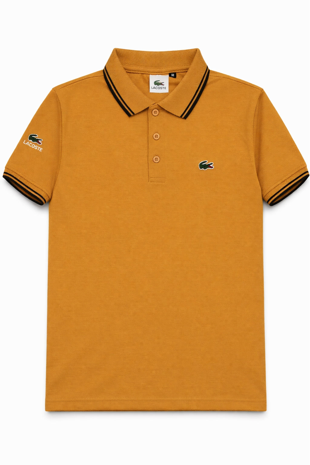 Front view of the Eliteez Classic Stripe Collar Polo - Mustard Gold featuring a classic collar.