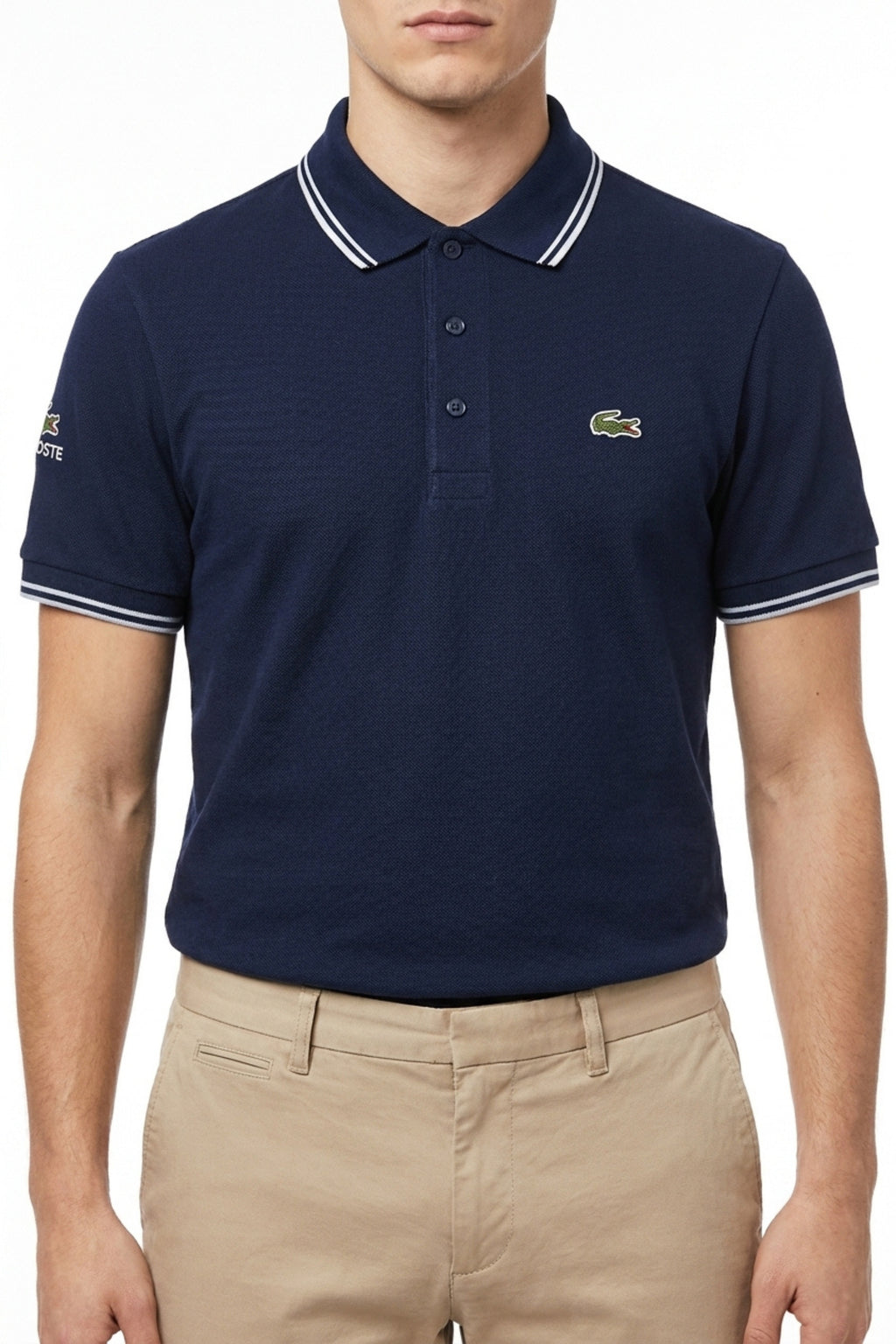Eliteez Classic Stripe Collar Polo in Navy Blue, front view on model