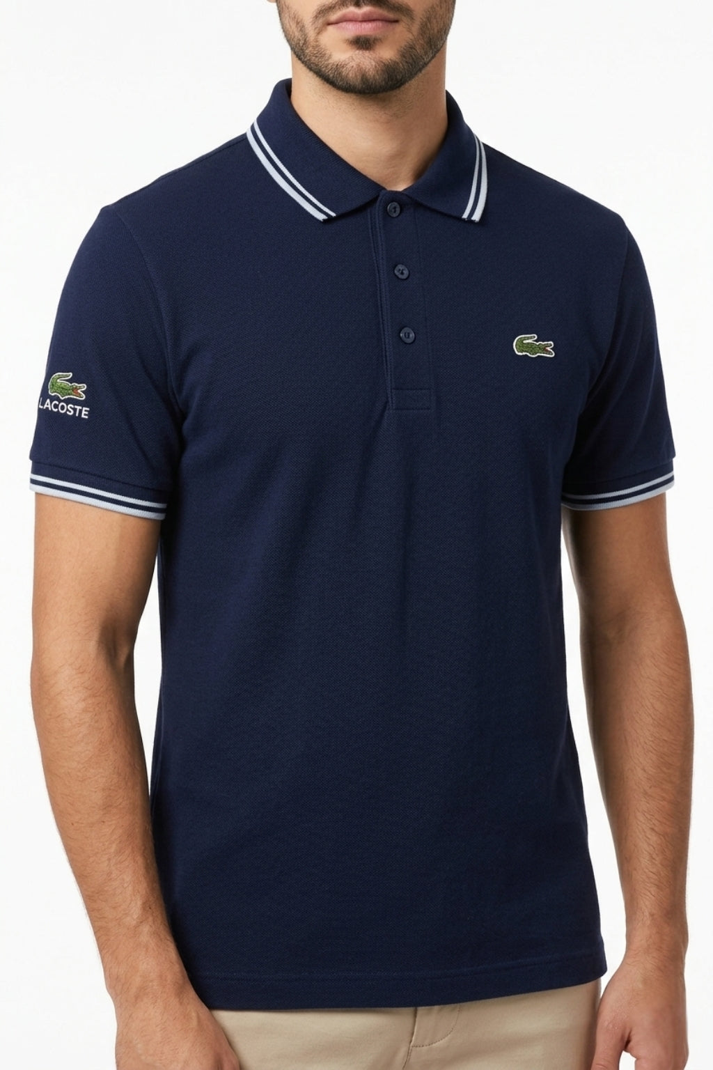 Male model wearing the Eliteez Classic Stripe Collar Polo - Navy Blue for a smart-casual look.
