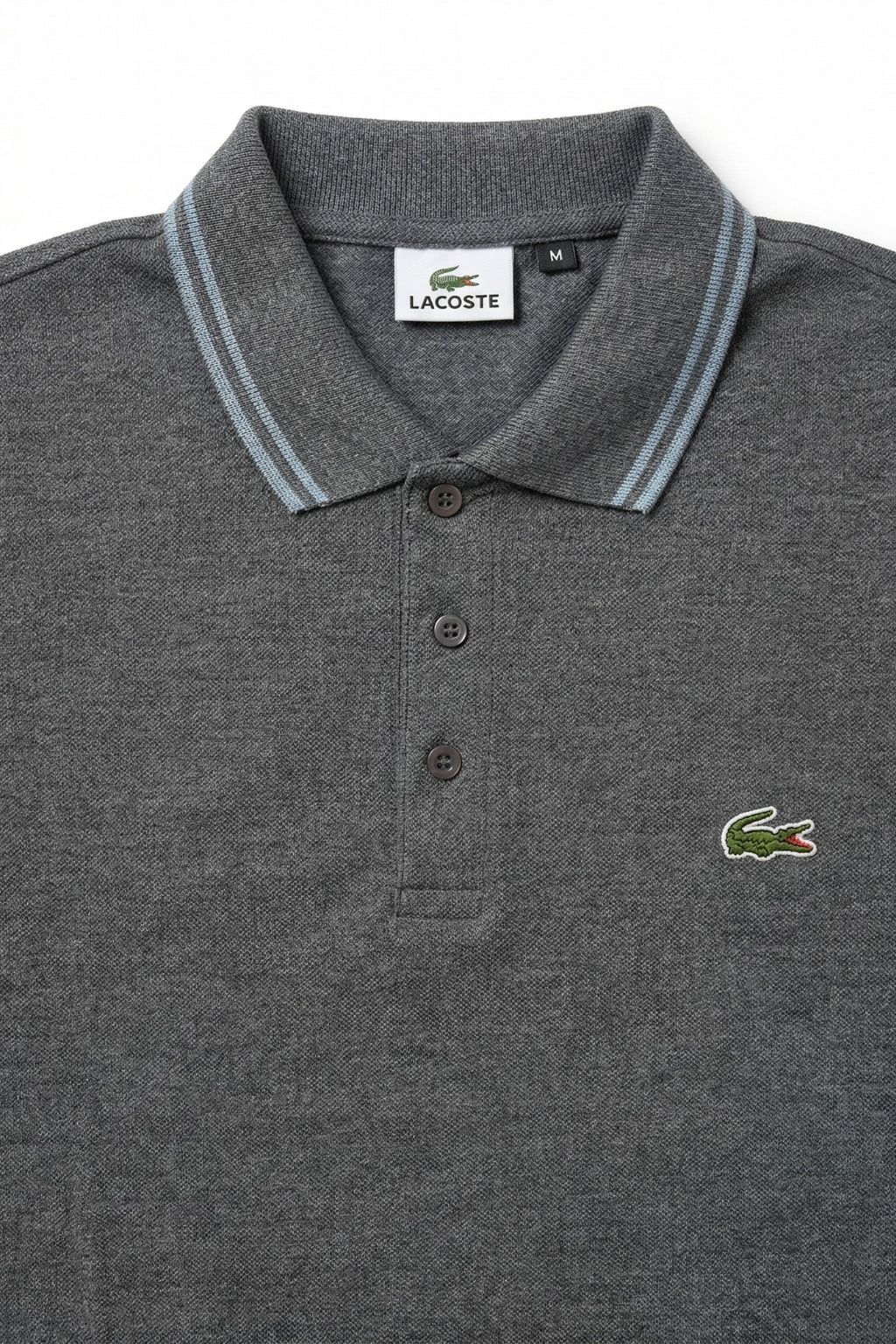 Close-up detail of Eliteez Classic Stripe Collar Polo - Steel Grey premium pique and embroidered logo.