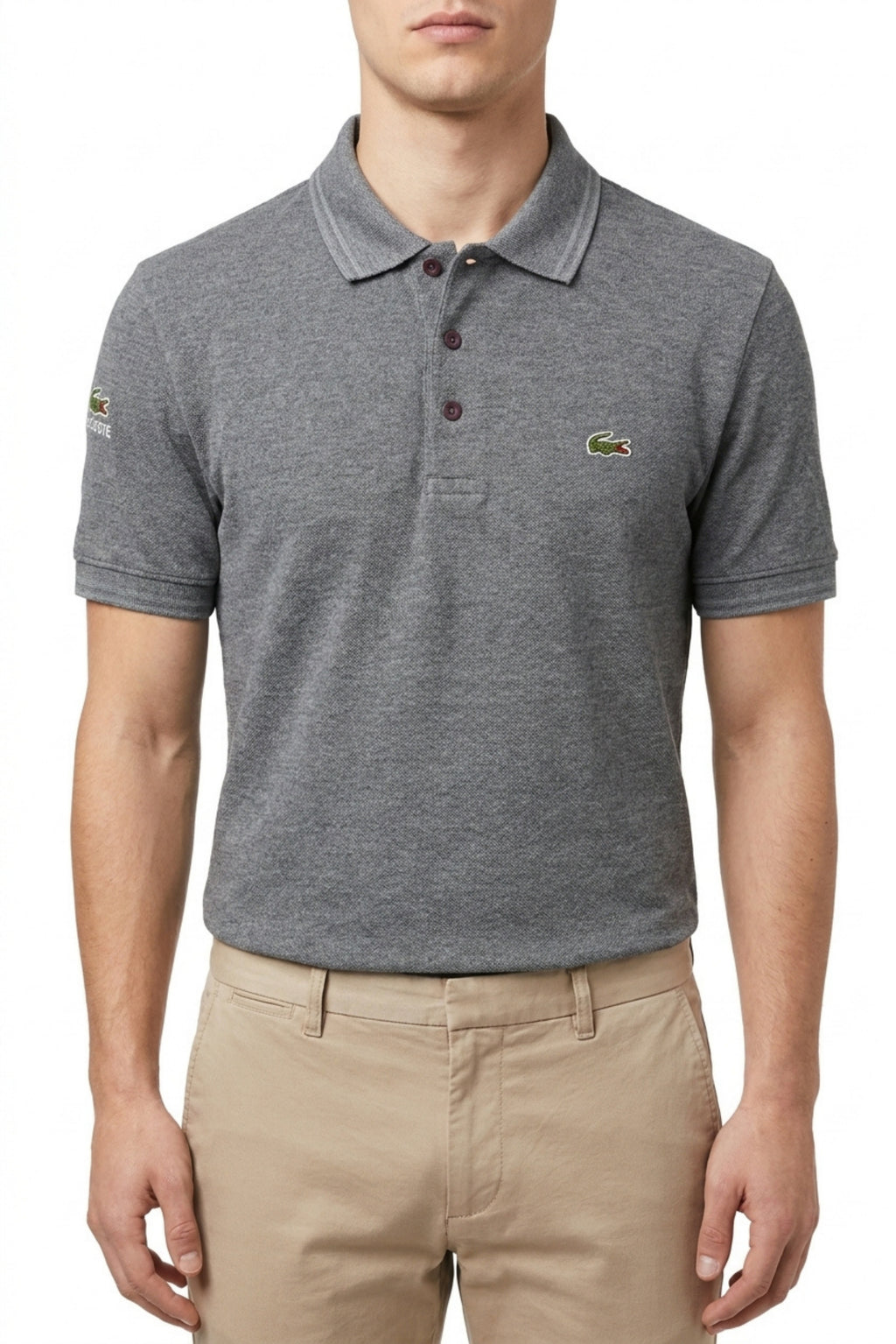 Eliteez Classic Stripe Collar Polo in Steel Grey, front view on model