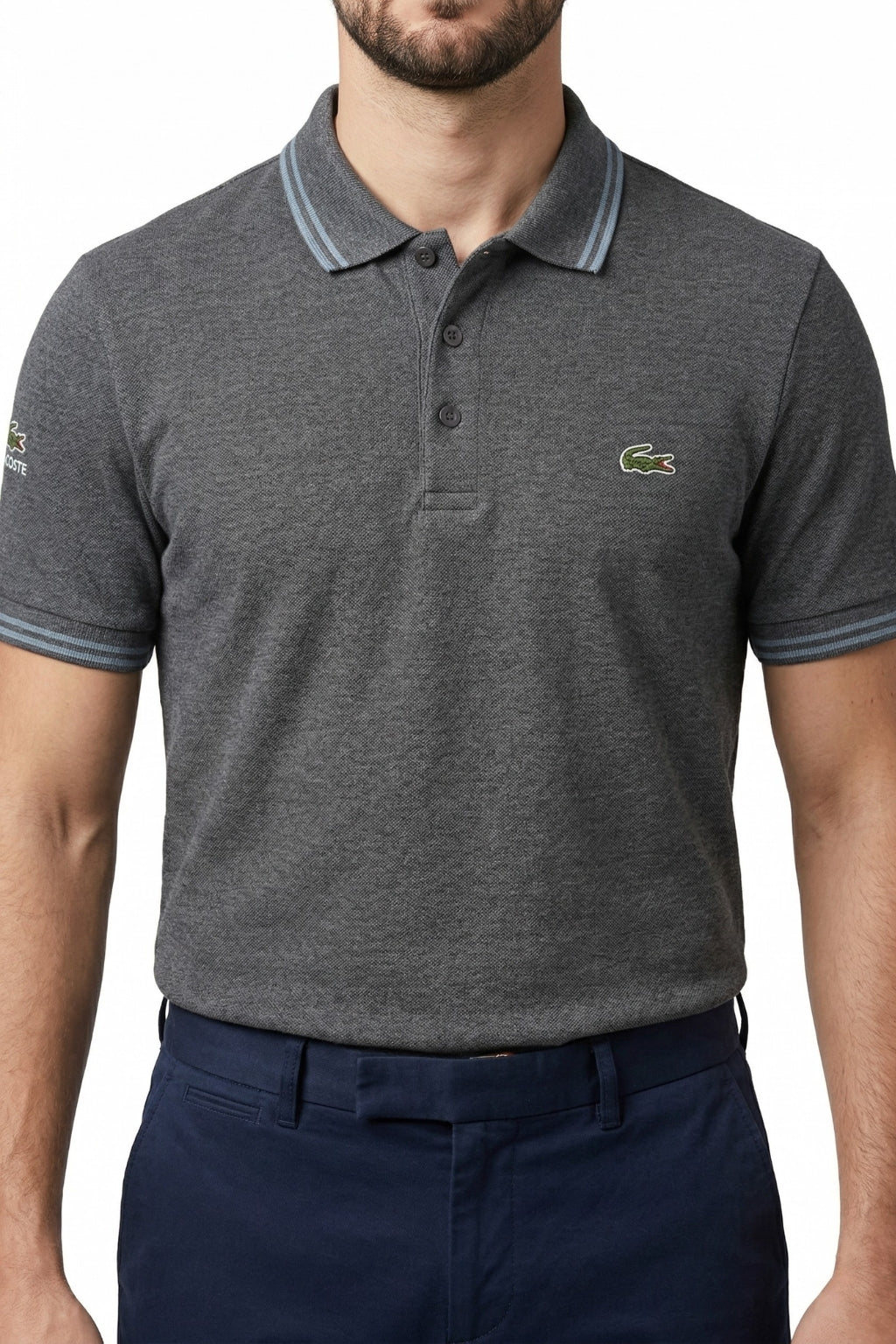 Male model wearing the Eliteez Classic Stripe Collar Polo - Steel Grey for a smart-casual look.