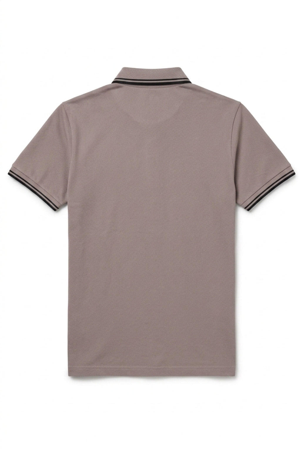 Back view of the Eliteez Classic Stripe Collar Polo - Taupe showing the regular fit silhouette.