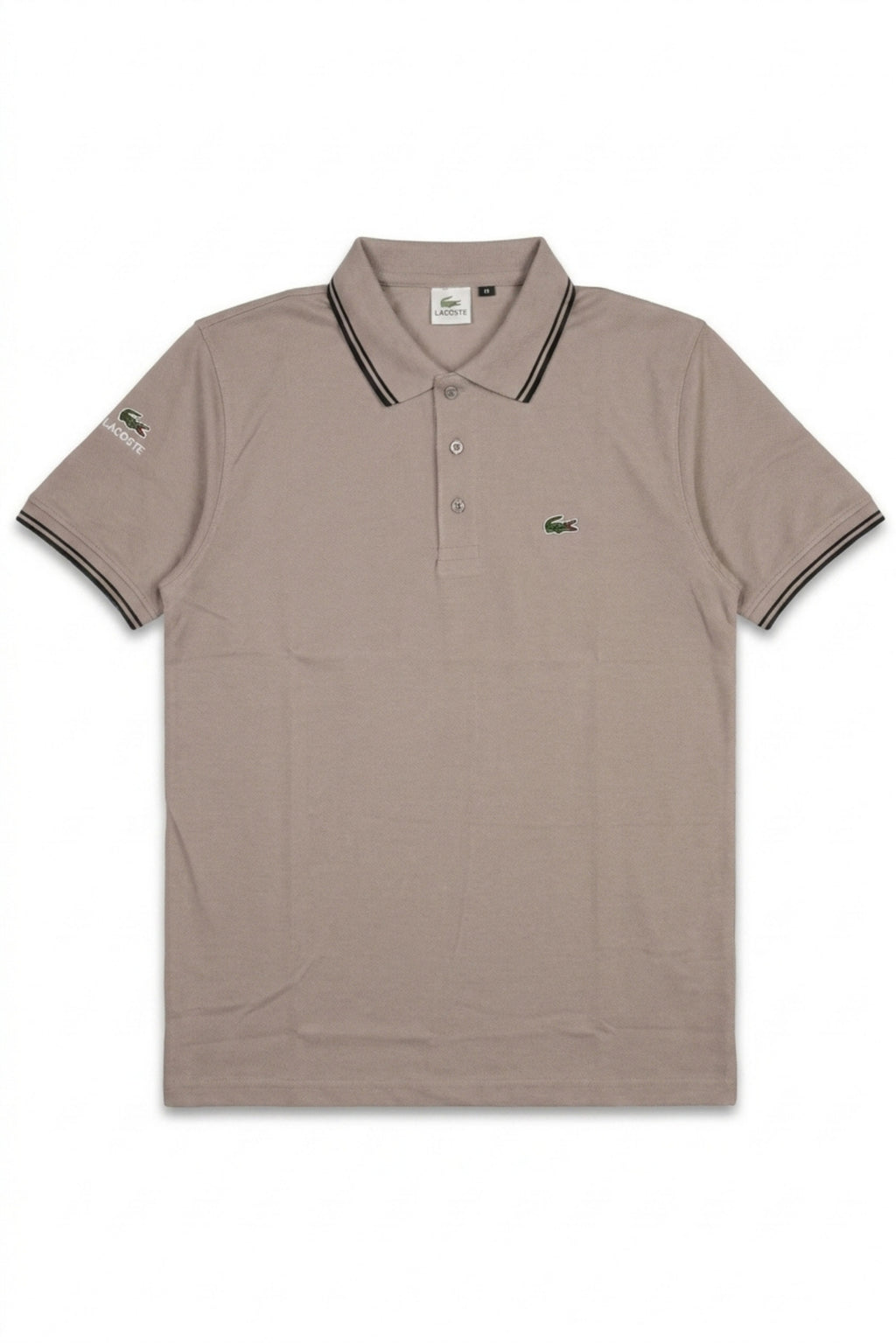 Front view of Eliteez Classic Stripe Collar Polo in Taupe featuring a classic collar