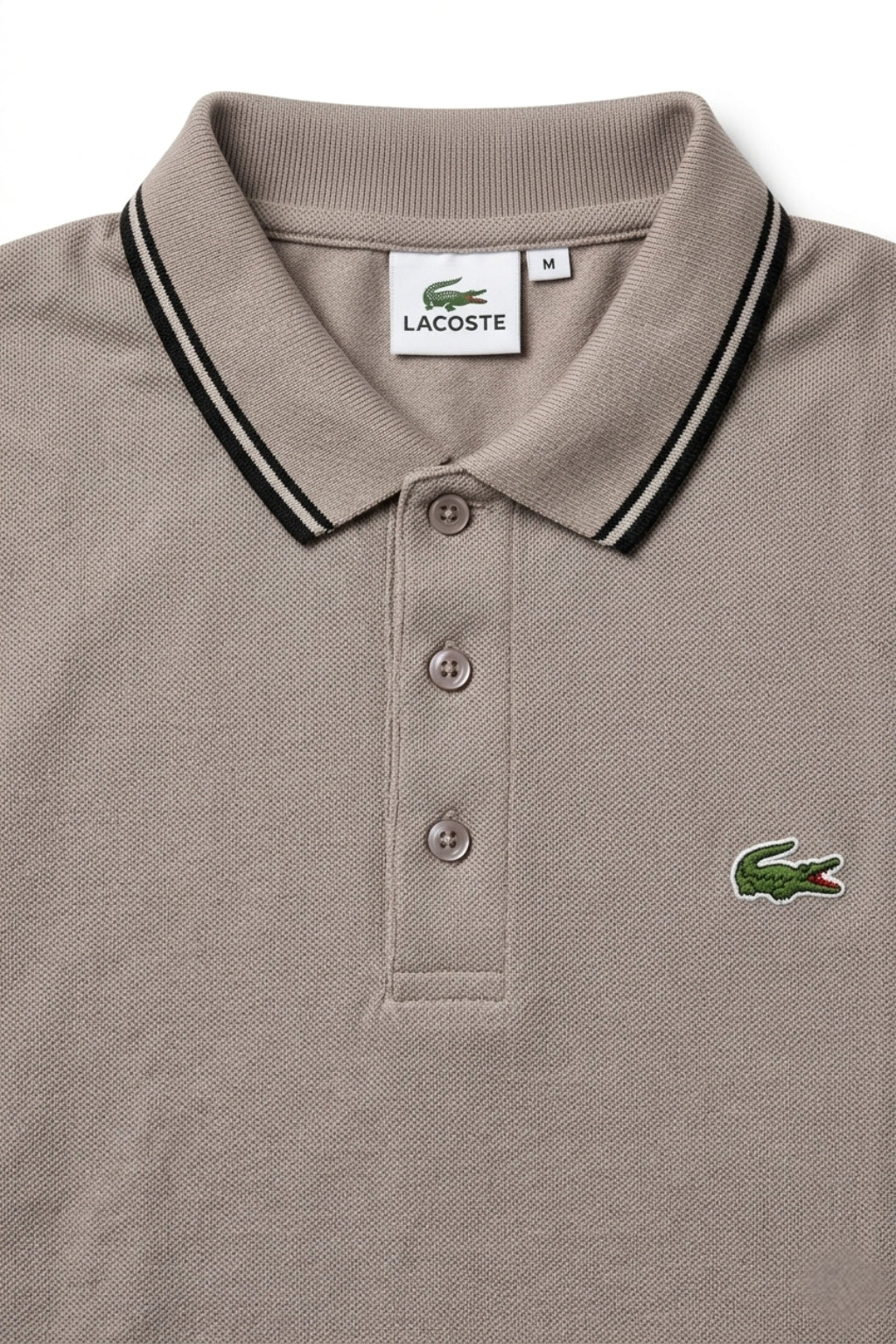 Close-up detail of Eliteez Classic Stripe Collar Polo - Taupe premium pique and embroidered logo.