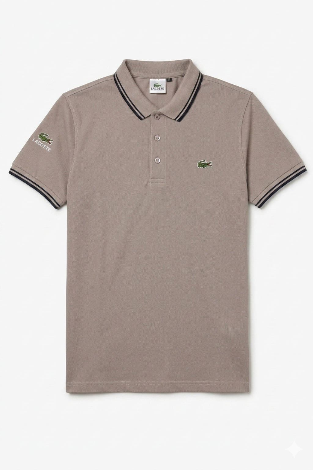 Front view of the Eliteez Classic Stripe Collar Polo - Taupe featuring a classic collar.