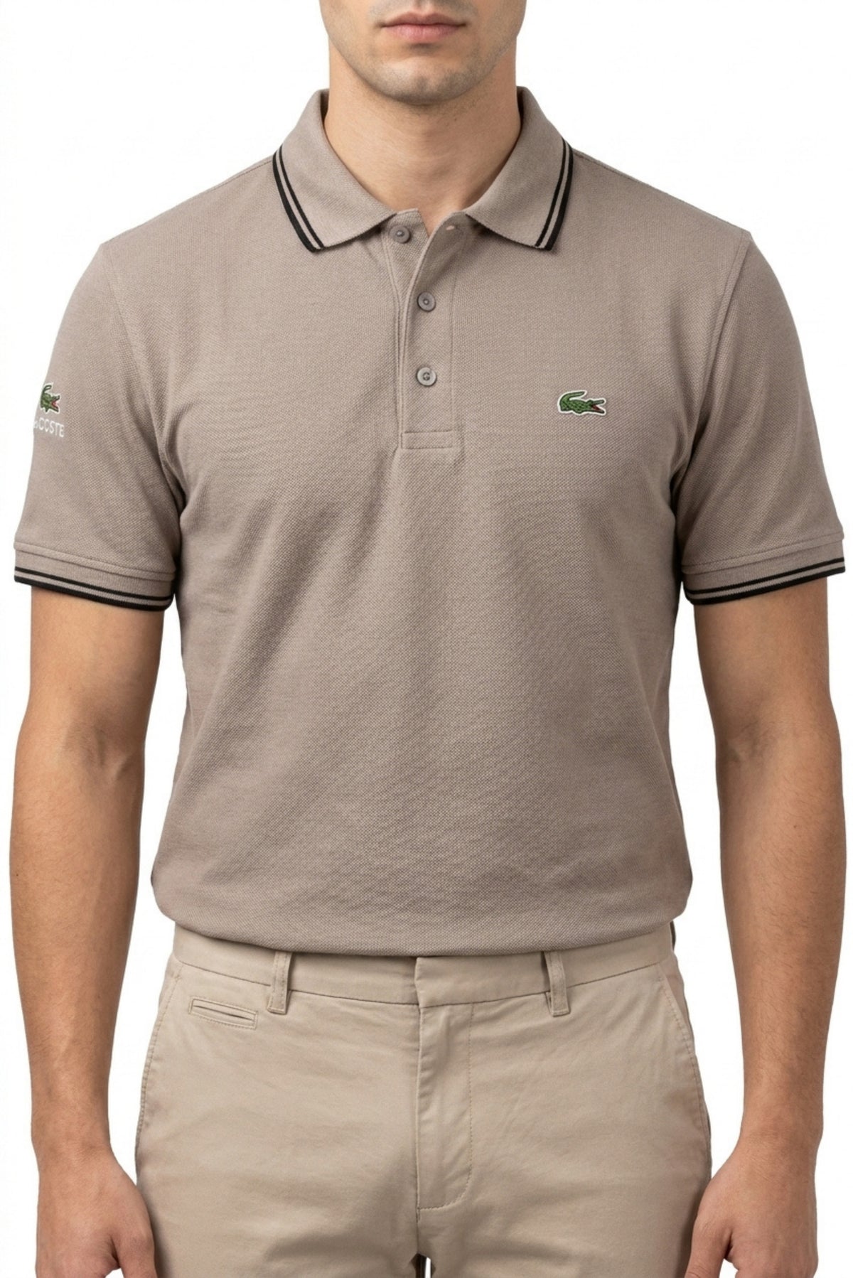 Eliteez Classic Stripe Collar Polo in Taupe, front view on model