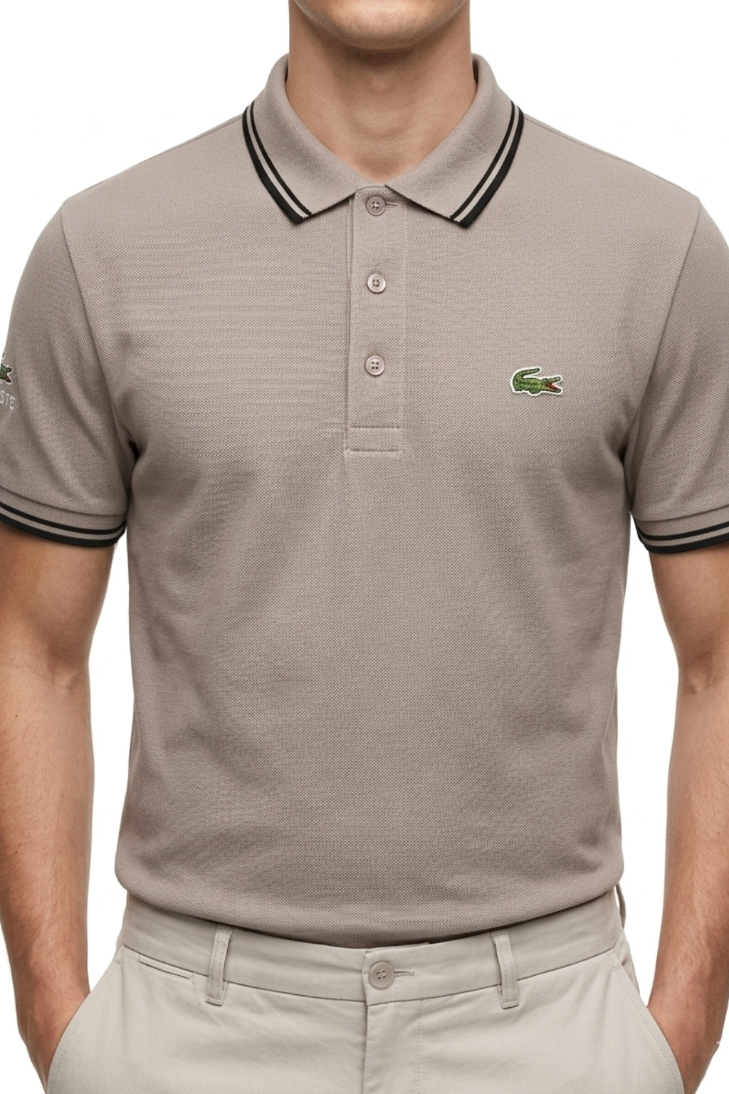 Male model wearing the Eliteez Classic Stripe Collar Polo - Taupe for a smart-casual look.