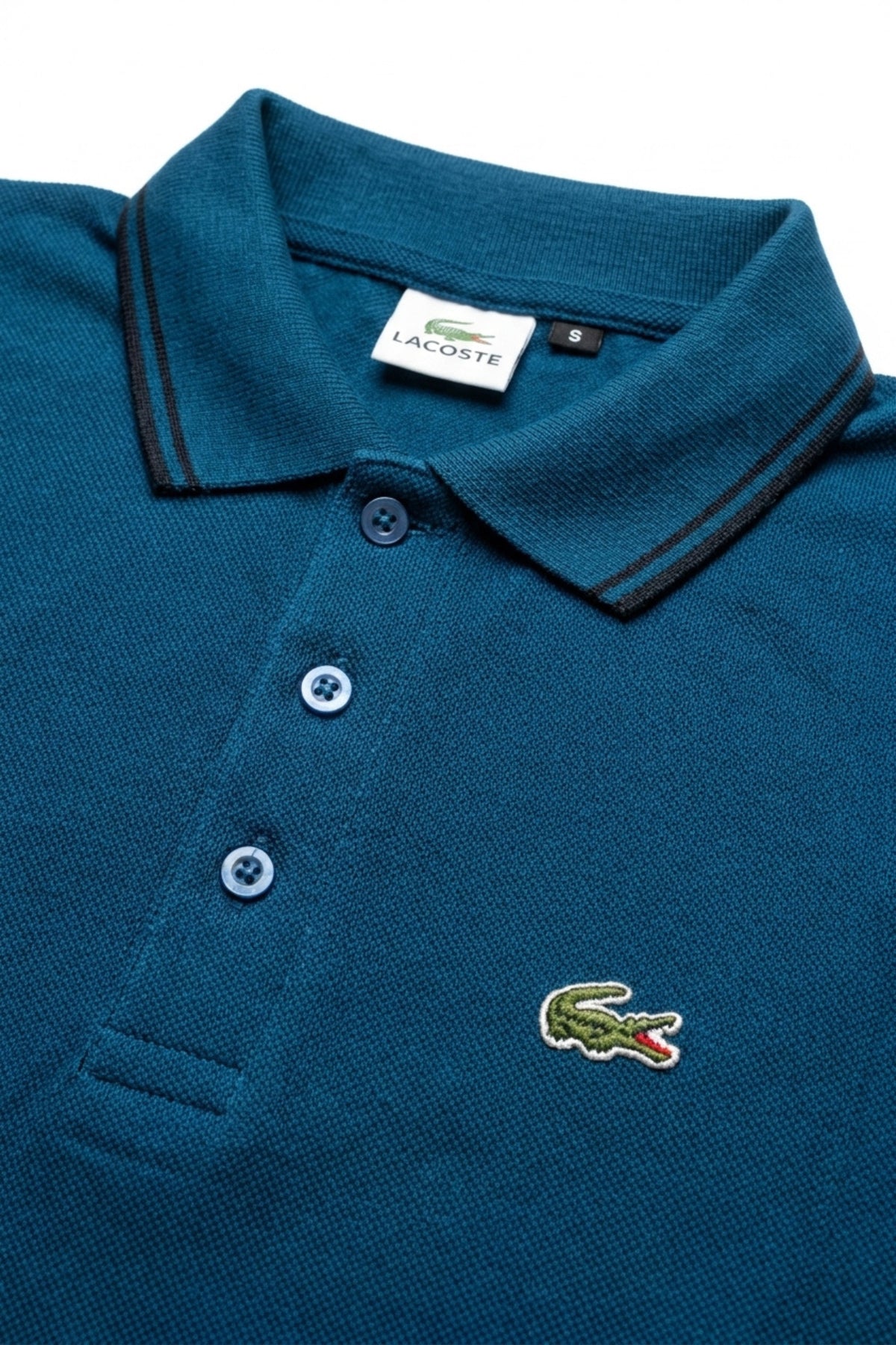 Close-up detail of Eliteez Classic Stripe Collar Polo Teal Blue premium pique and embroidered logo