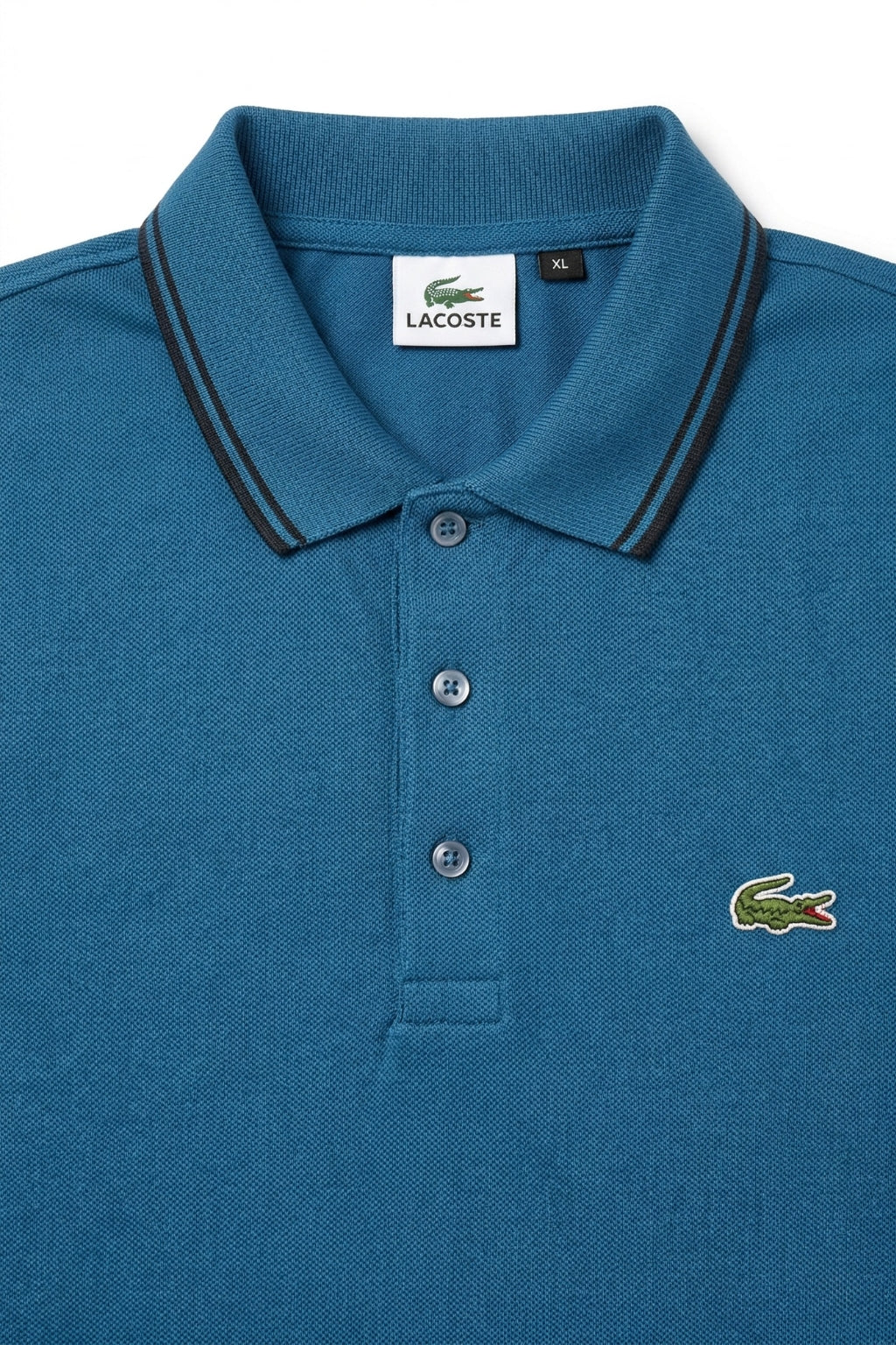 Close-up detail of Eliteez Classic Stripe Collar Polo - Teal Blue premium pique and embroidered logo.
