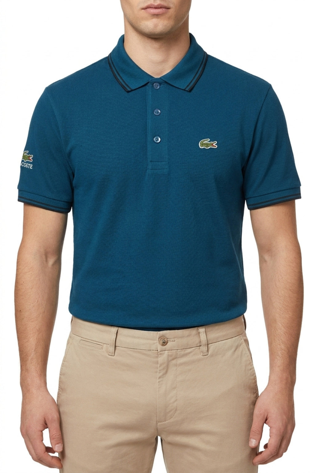 Eliteez Classic Stripe Collar Polo in Teal Blue, front view on model