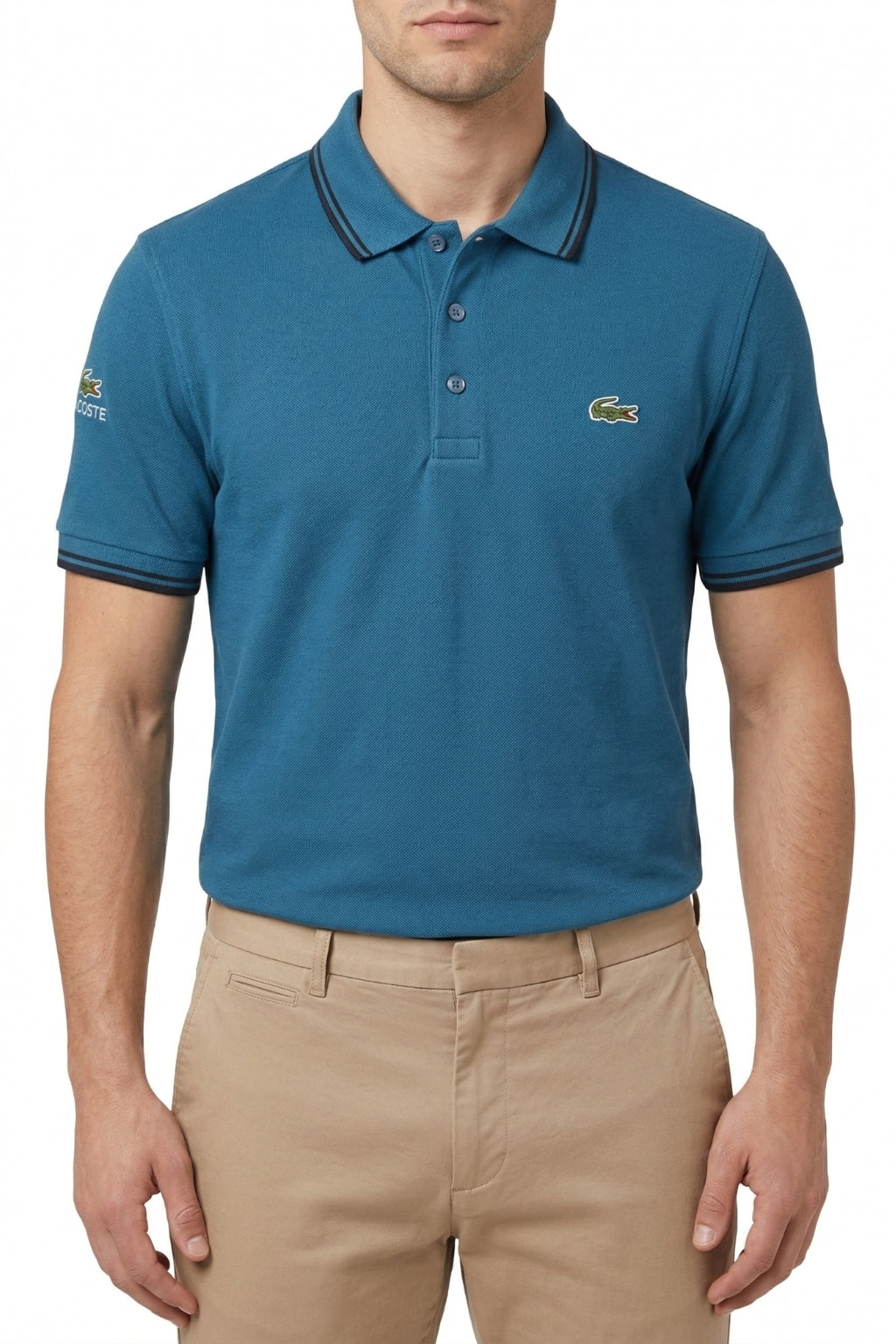Male model wearing the Eliteez Classic Stripe Collar Polo - Teal Blue for a smart-casual look.