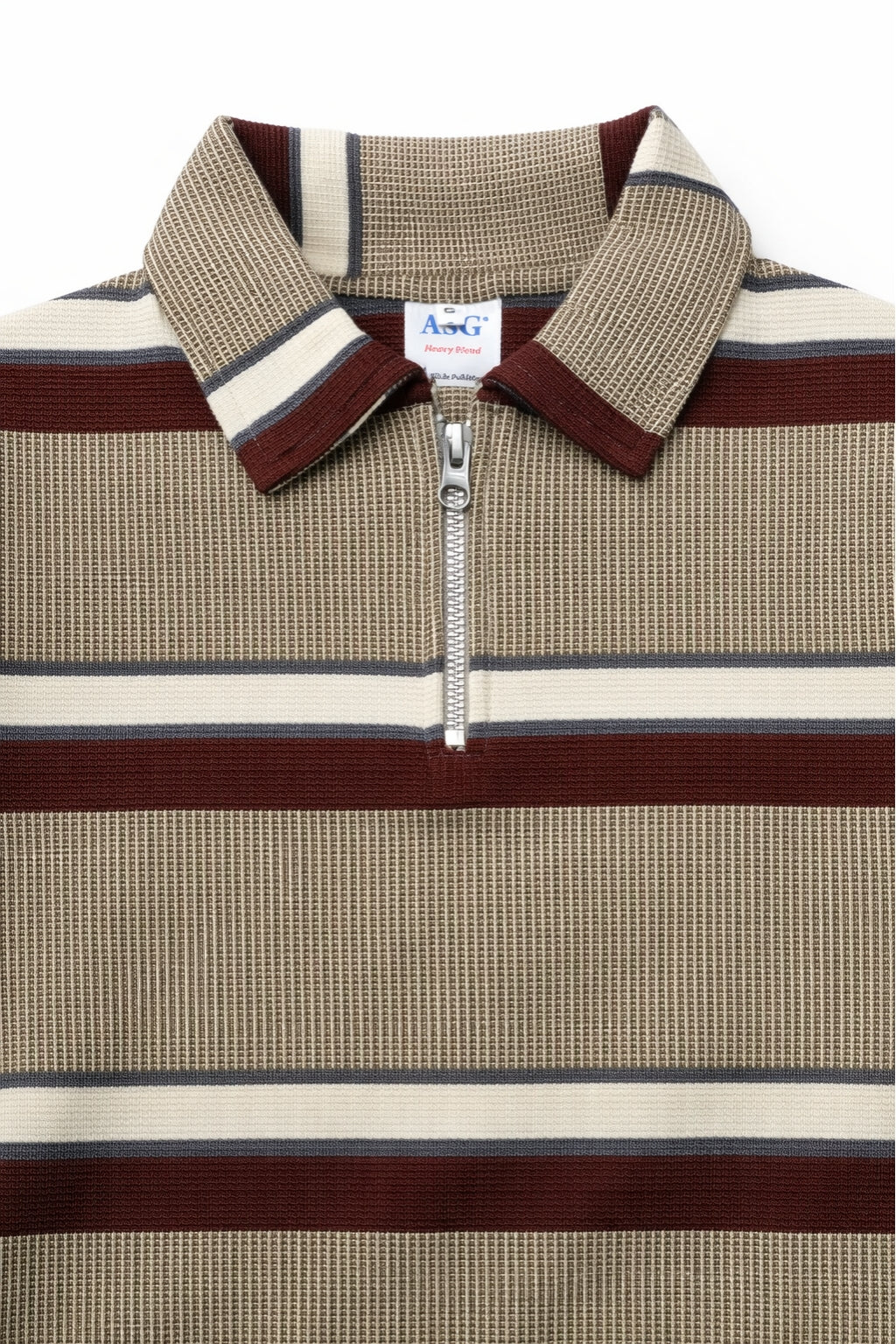 Eliteez Cream & Burgundy Stripe Polo in Mustard Green, back view on model