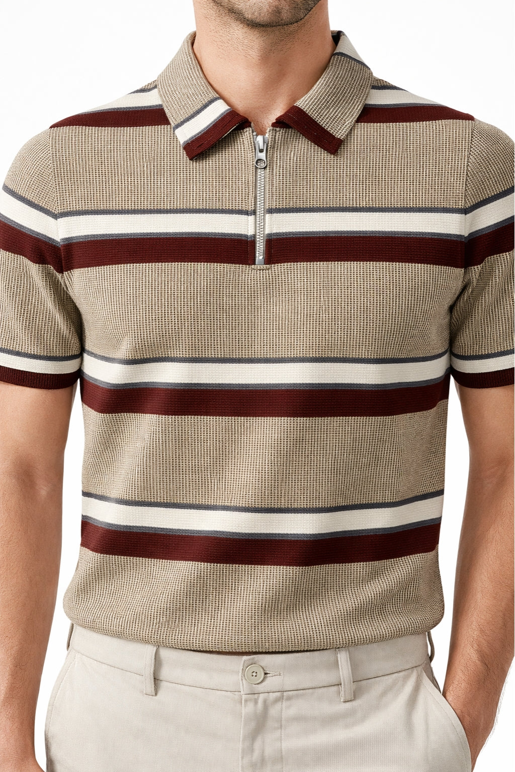 Eliteez Cream & Burgundy Stripe Polo in Mustard Green, front view on model