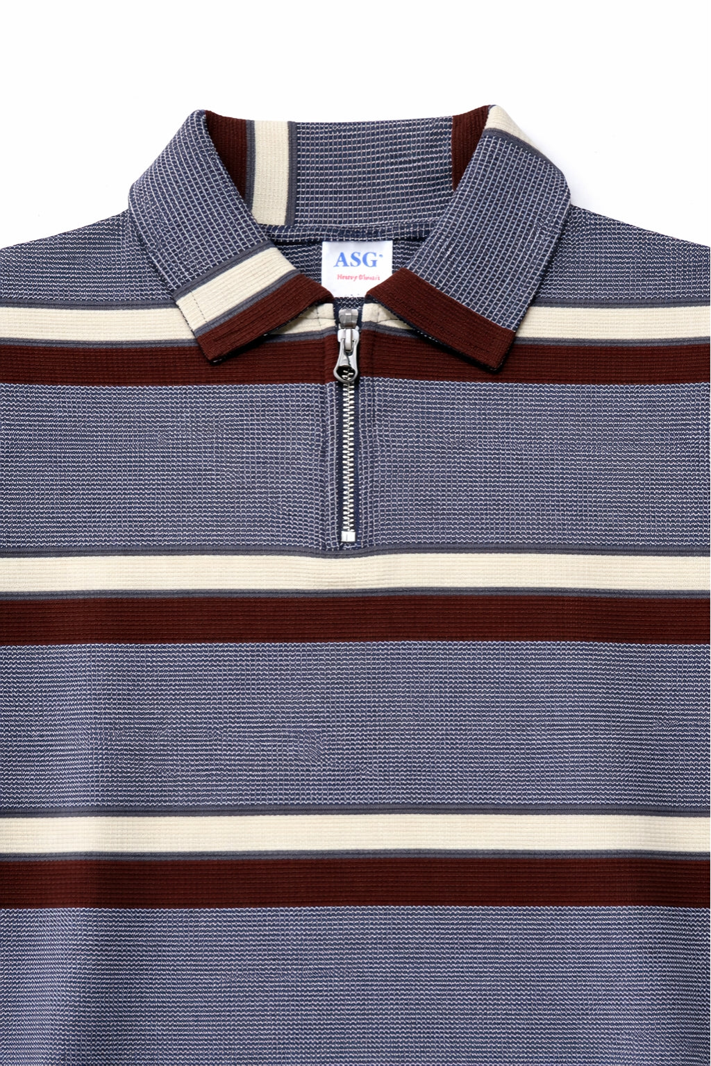 Eliteez Cream & Burgundy Stripe Polo in Steel Blue, back view on model