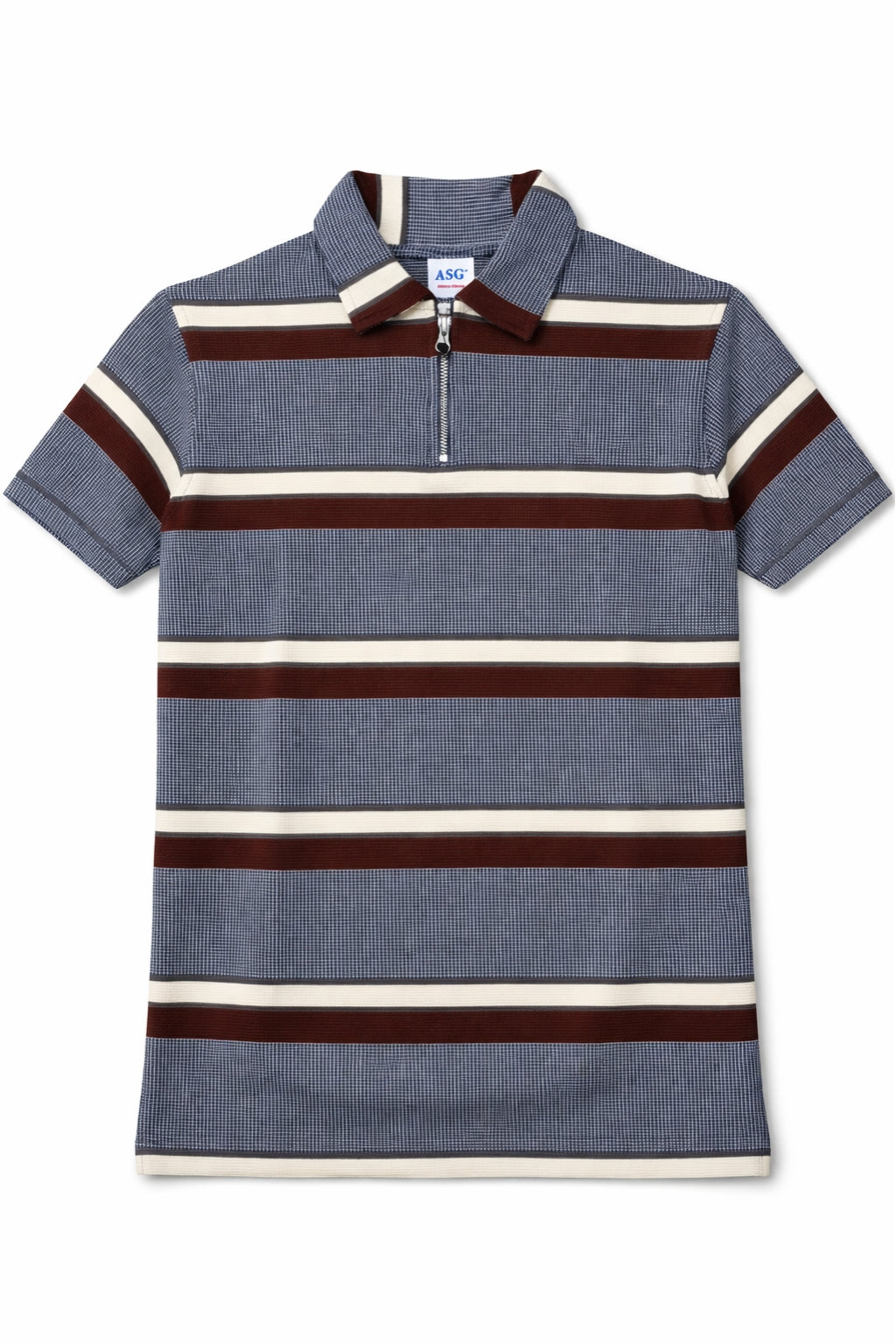 Close-up of stripe knit and collar on Eliteez Stripe Polo Steel Blue