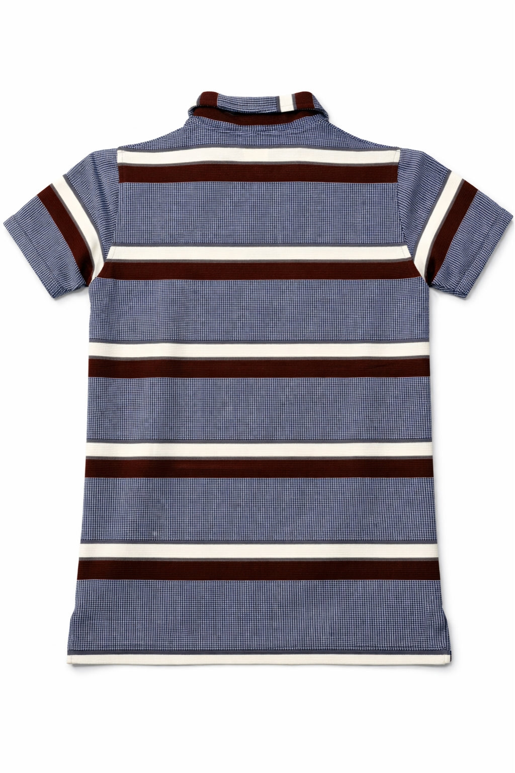 Flat lay of Eliteez Cream & Burgundy Stripe Polo in Steel Blue