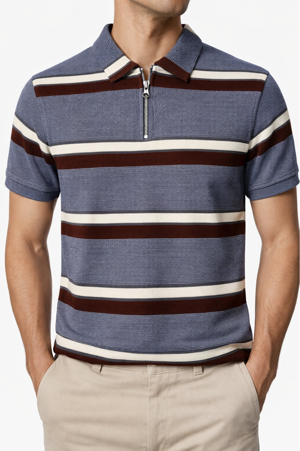 Eliteez Cream & Burgundy Stripe Polo in Steel Blue, front view on model