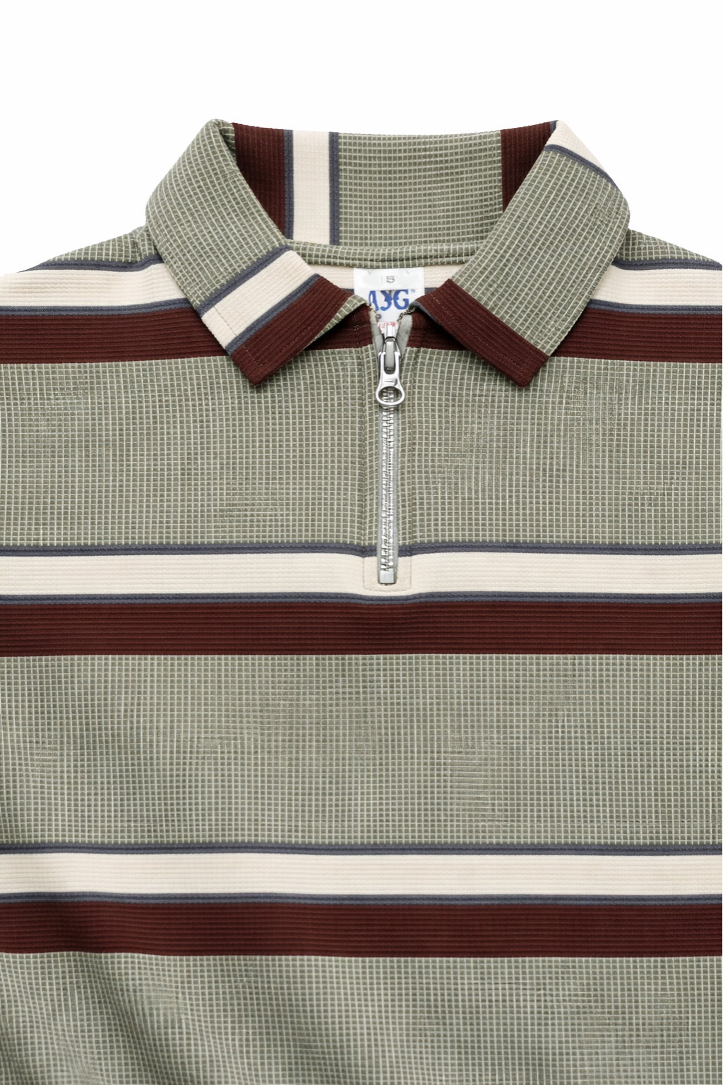 Eliteez Cream & Burgundy Stripe Zip Polo in Sage Green, back view on model