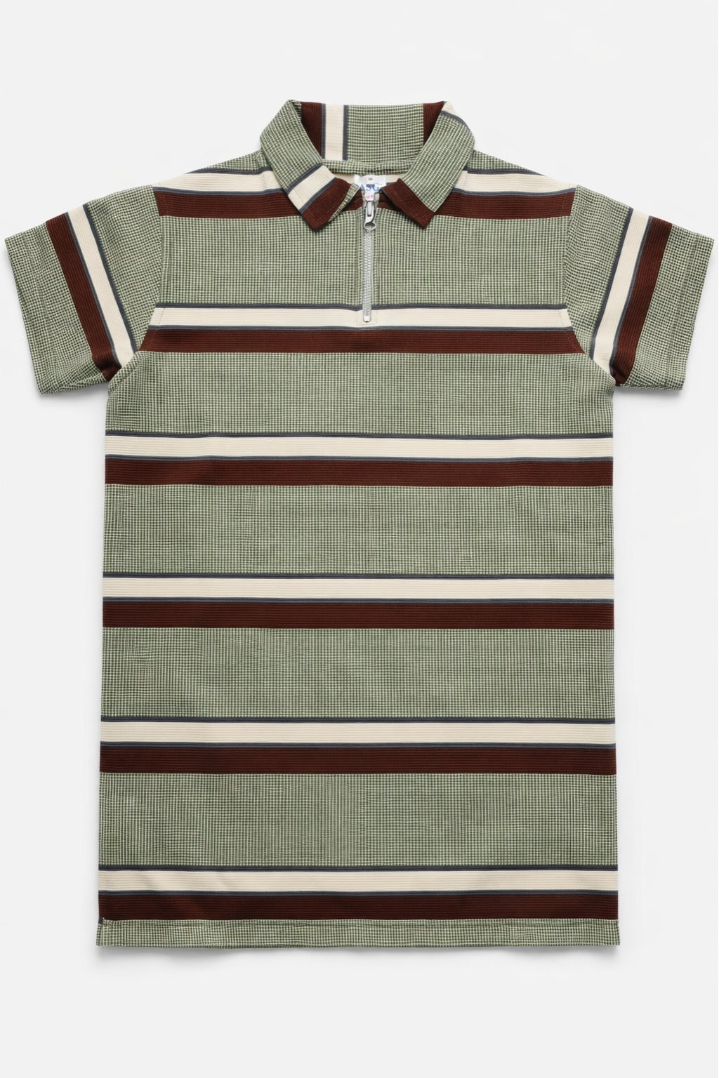 Close-up of stripe knit and zip collar on Eliteez Stripe Zip Polo Sage Green