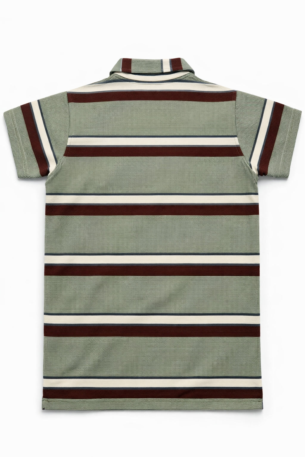 Flat lay of Eliteez Cream & Burgundy Stripe Zip Polo in Sage Green