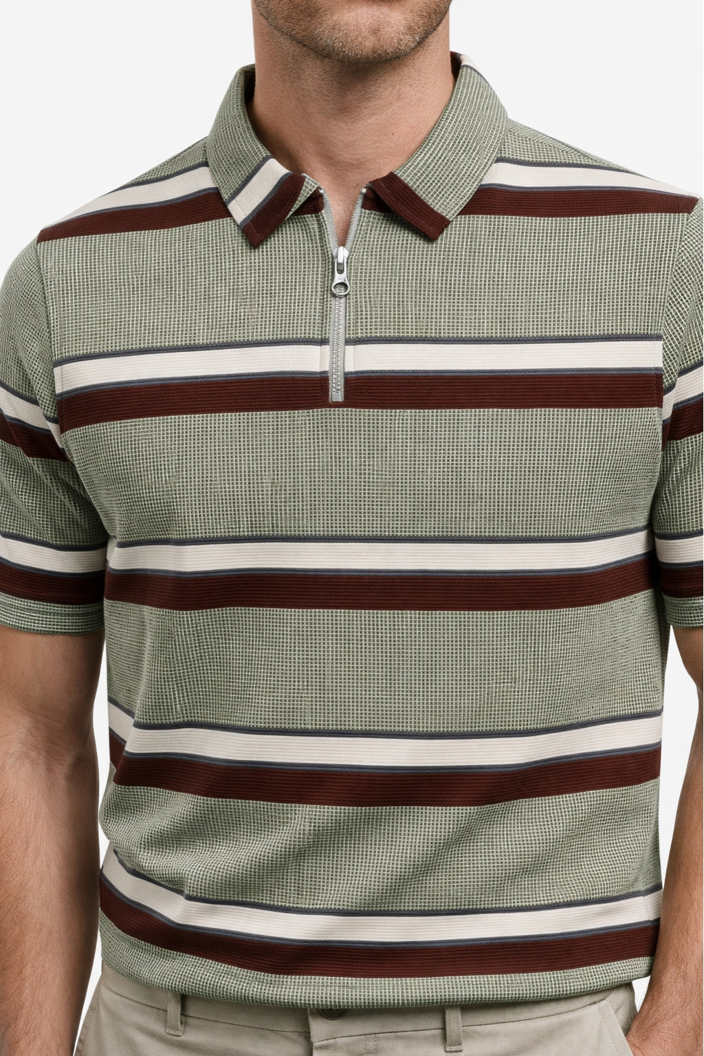 Eliteez Cream & Burgundy Stripe Zip Polo in Sage Green, front view on model