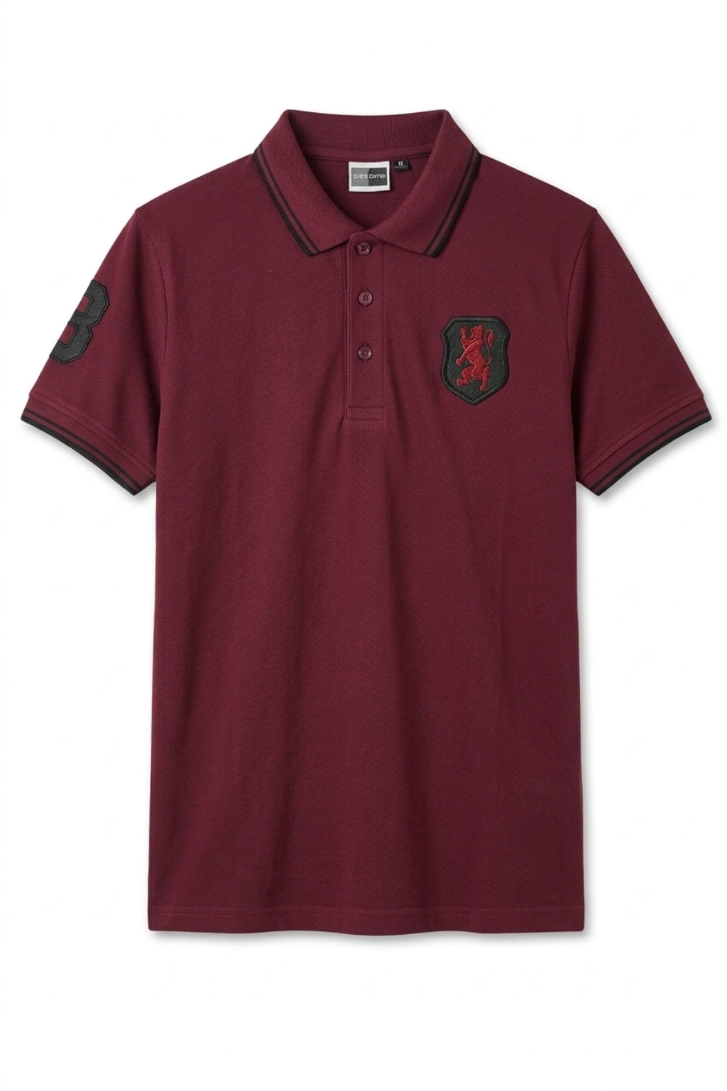 Front view of the Eliteez embroidered Lion Pique Polo – Burgundy featuring a classic collar.