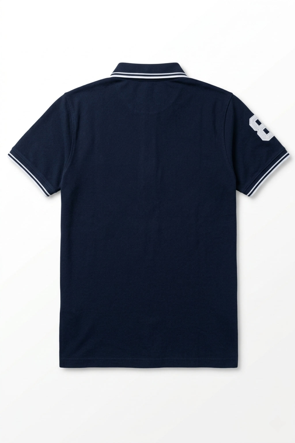 Back view of the Eliteez embroidered Lion Pique Polo – Navy Blue showing the regular fit silhouette.