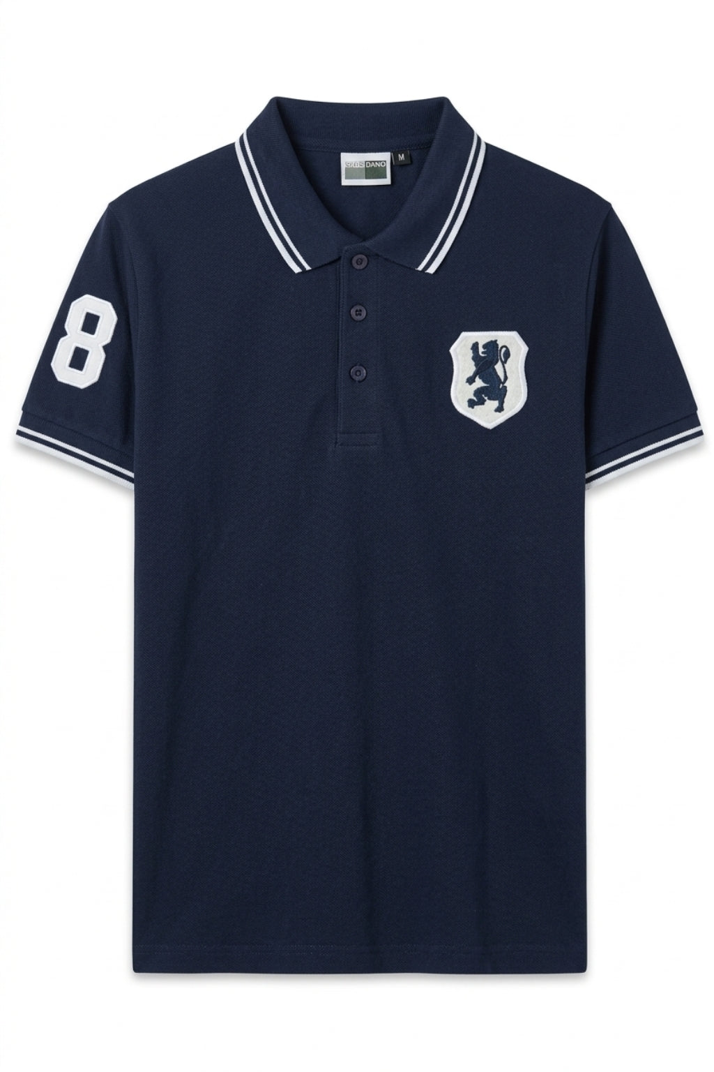 Front view of the Eliteez embroidered Lion Pique Polo – Navy Blue featuring a classic collar.