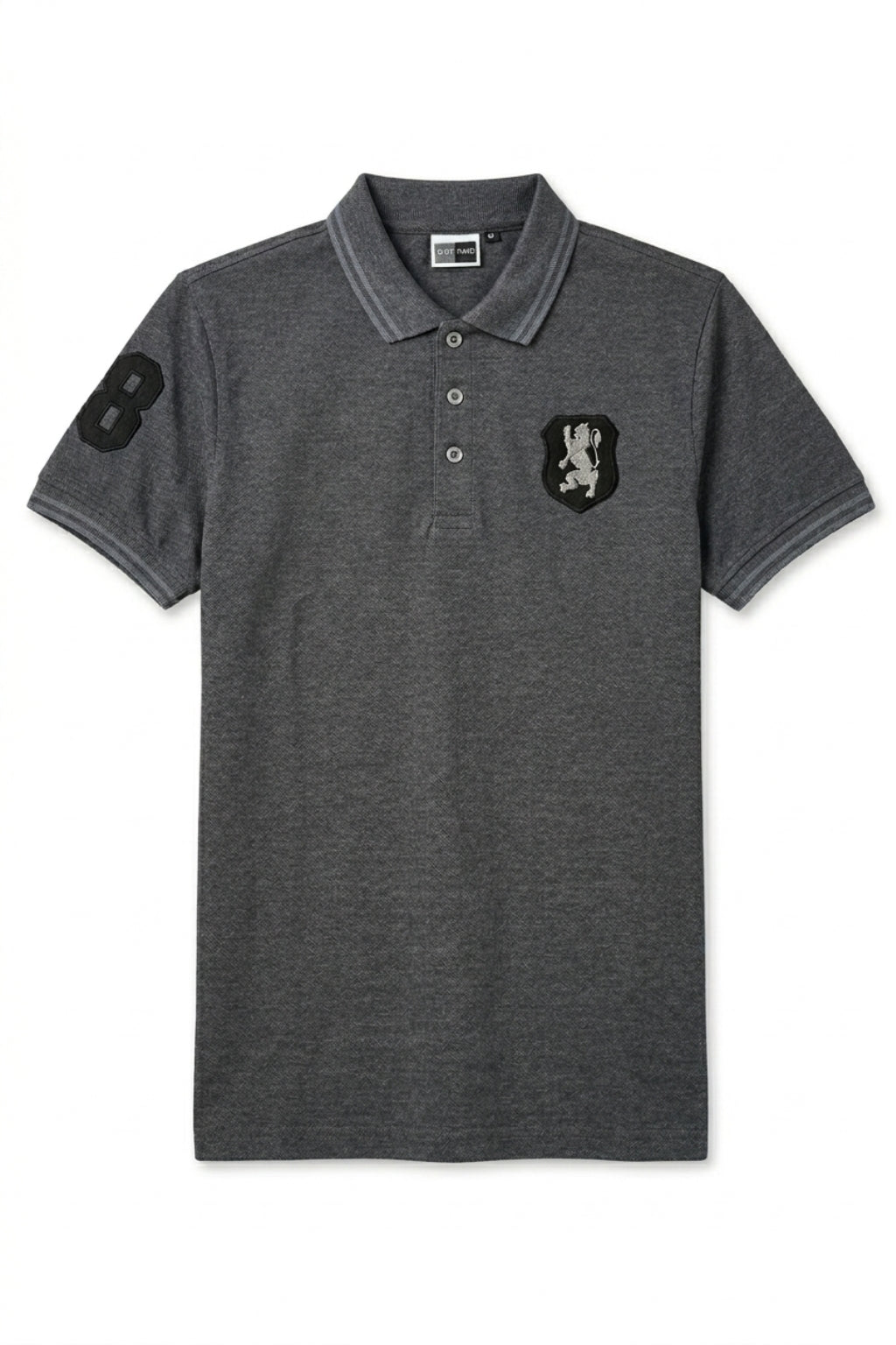 Front view of the Eliteez embroidered Lion Pique Polo – Steel Grey featuring a classic collar.