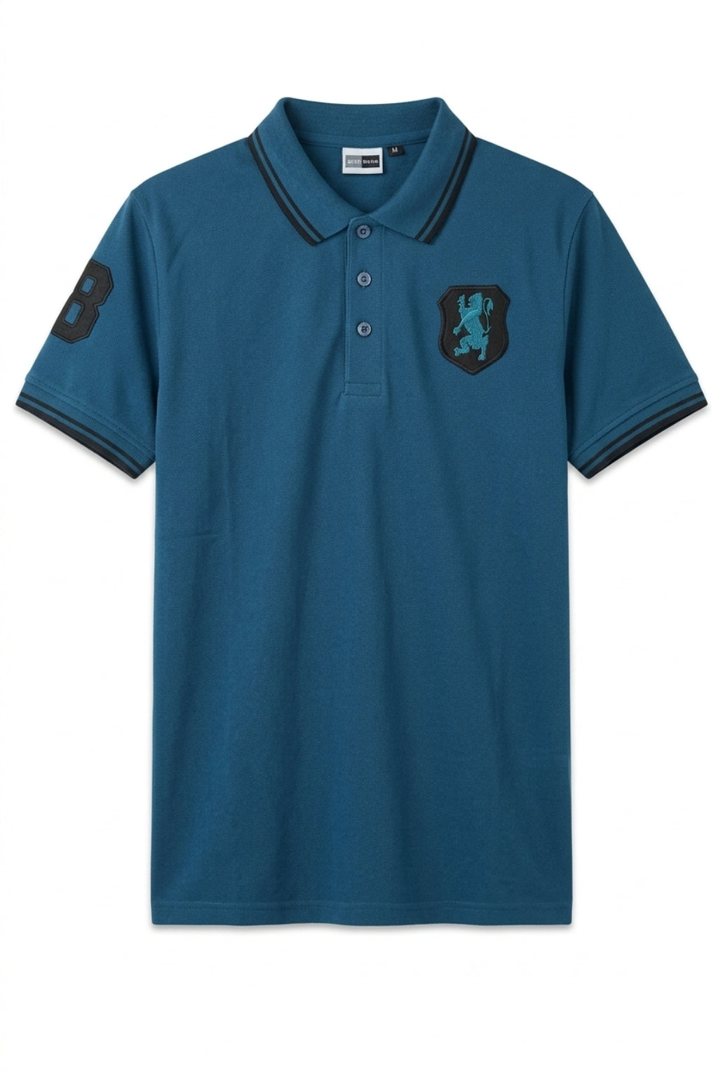 Front view of the Eliteez embroidered Lion Pique Polo – Teal Blue featuring a classic collar.