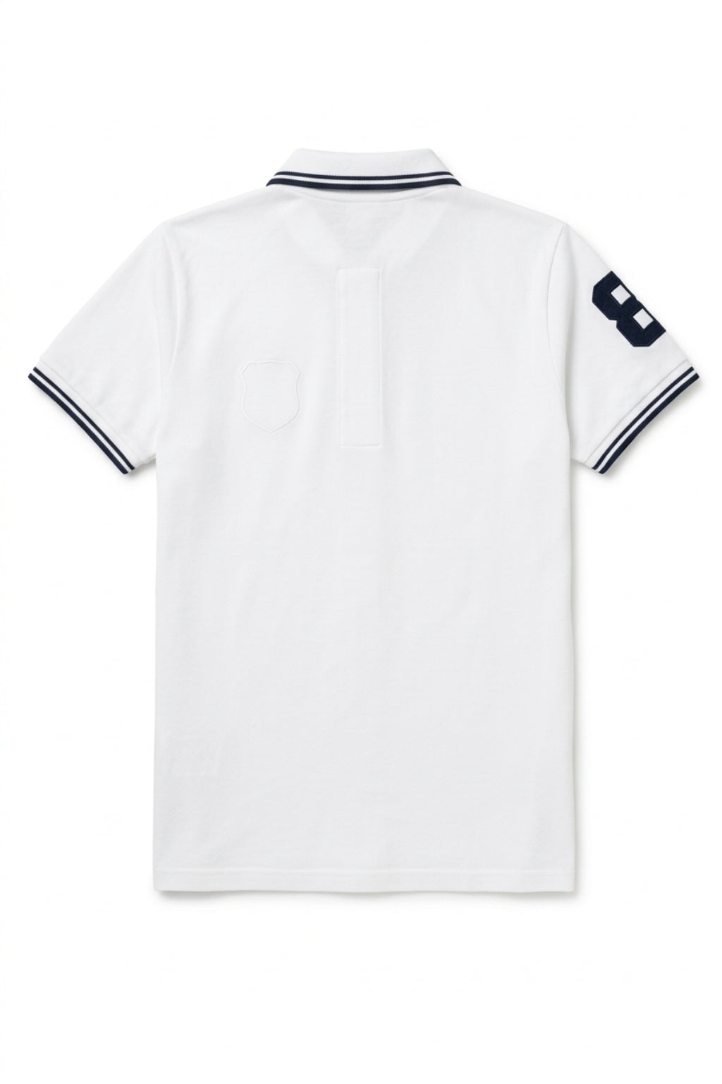 Back view of the Eliteez embroidered Lion Pique Polo – White showing the regular fit silhouette.
