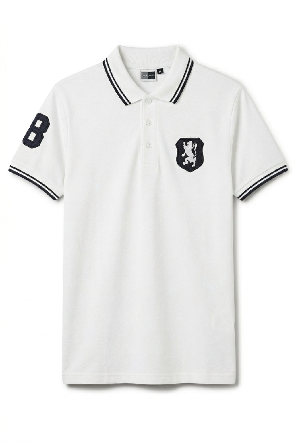 Front view of the Eliteez embroidered Lion Pique Polo – White featuring a classic collar.