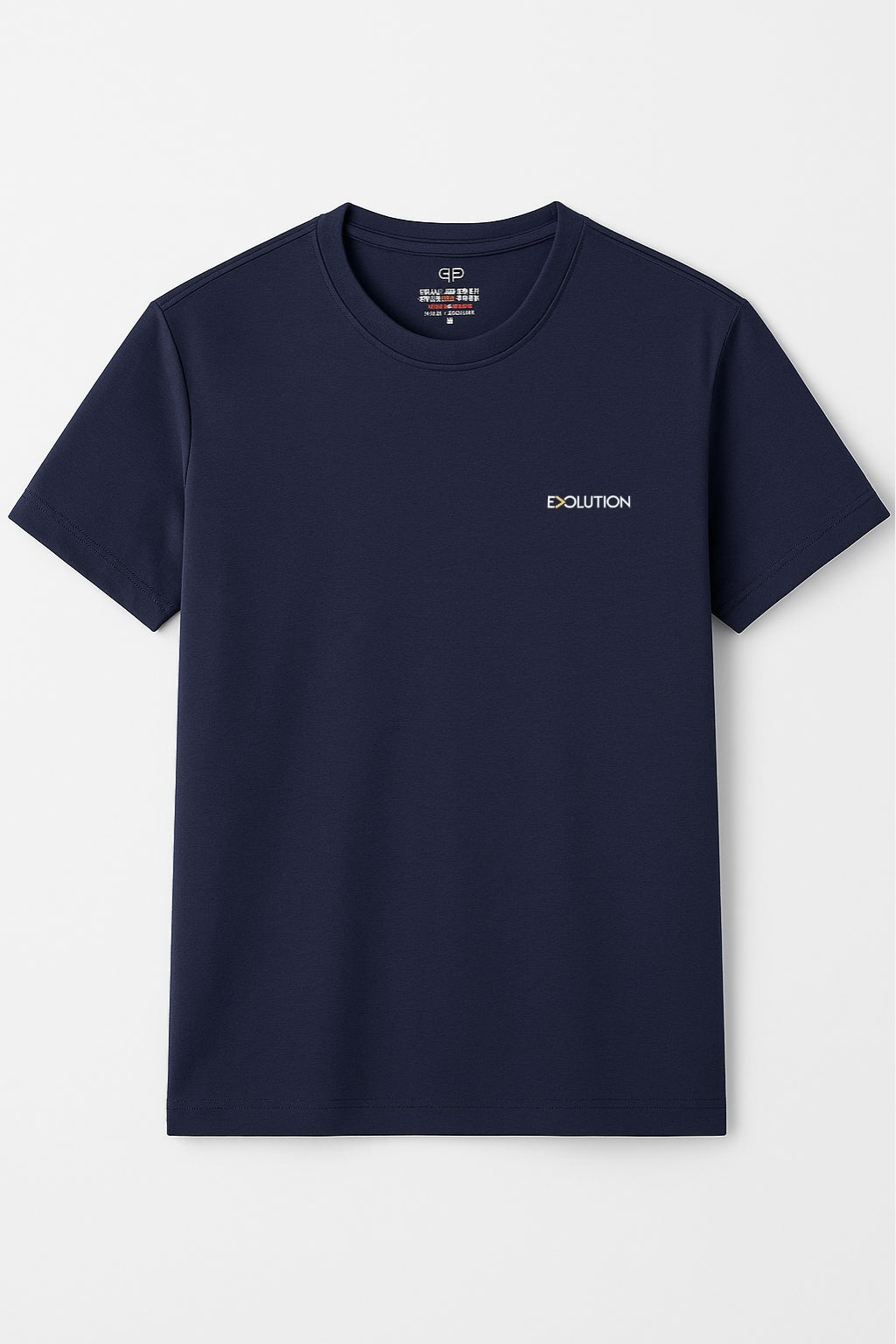 Close-up of Evolution logo on Eliteez Minimalist T-Shirt Midnight Navy