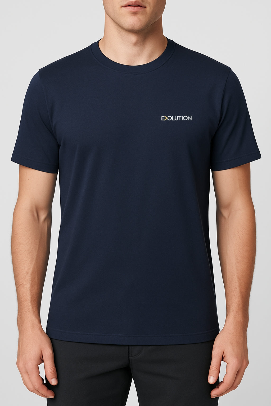 Eliteez Evolution Minimalist T-Shirt in Midnight Navy, front view on model