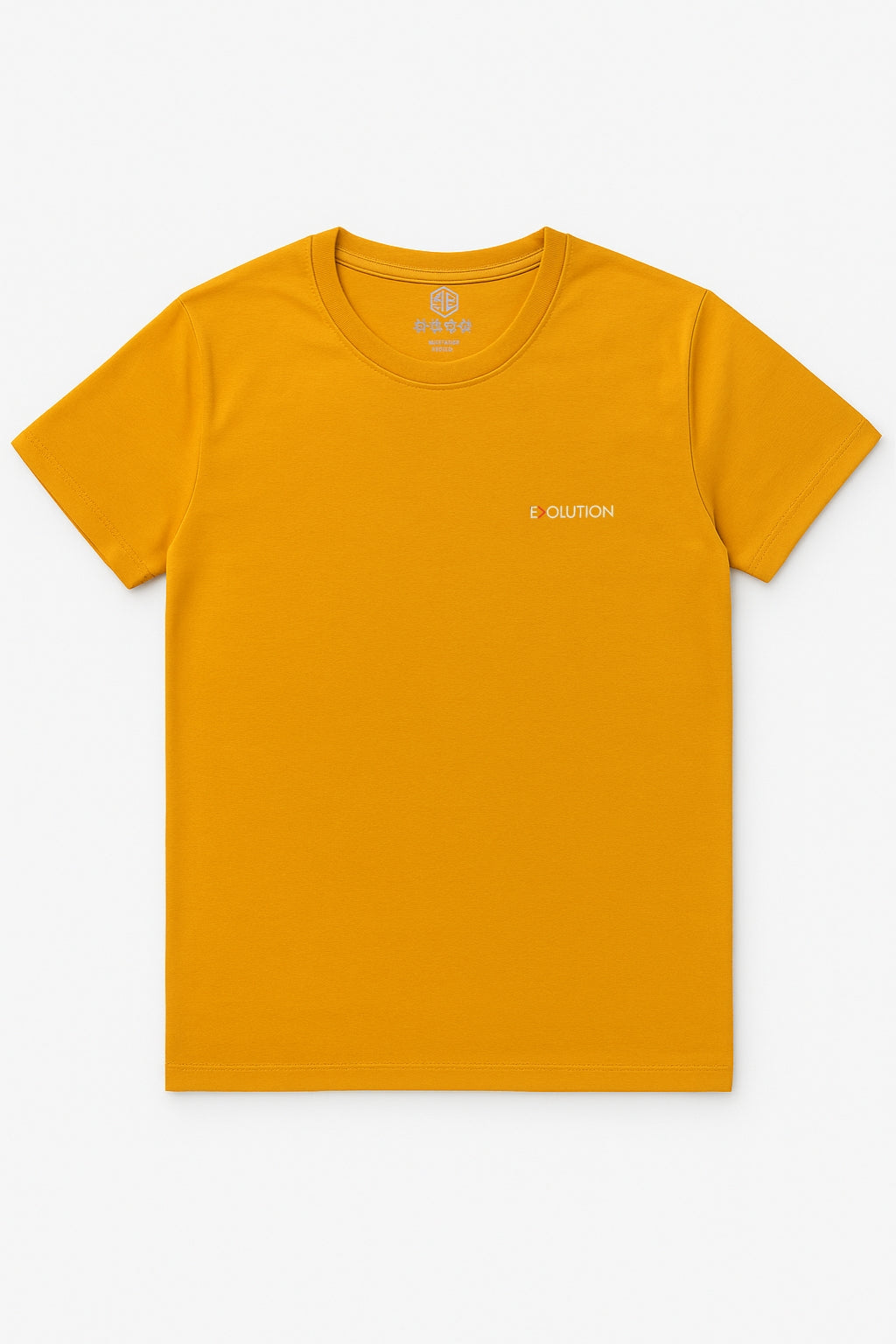 Close-up of Evolution logo on Eliteez Minimalist T-Shirt Solar Yellow