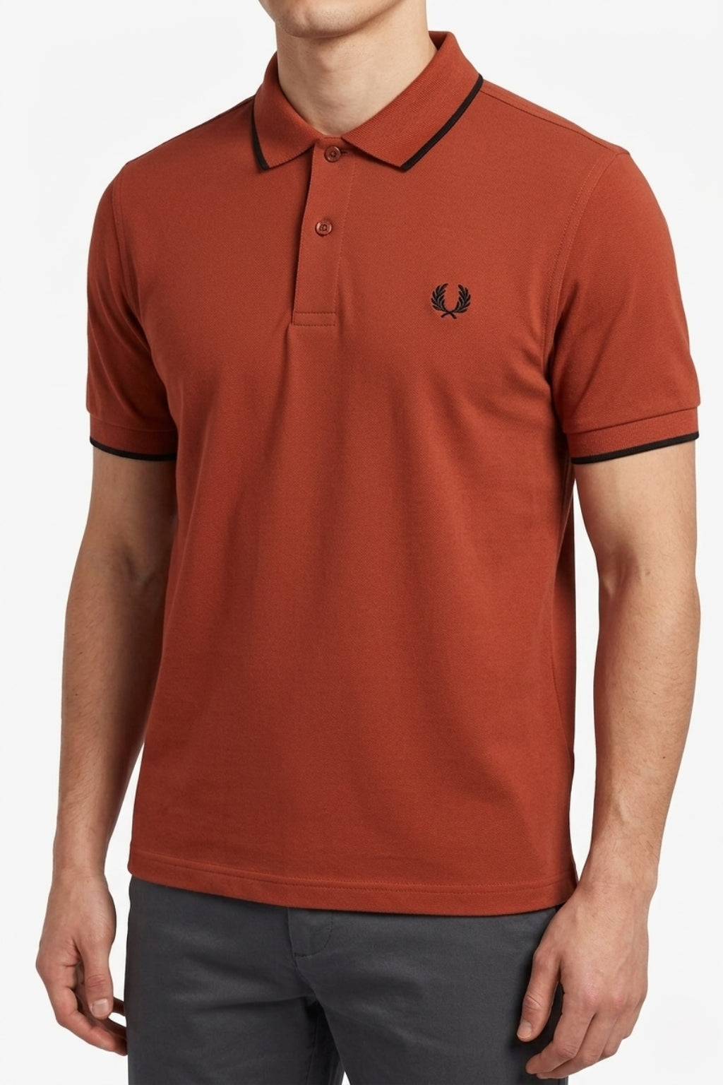 Eliteez Heritage Laurel Polo Shirt in Rust Orange, front view on model