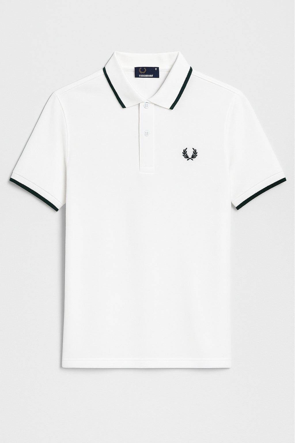Close-up of laurel embroidery on Eliteez Heritage Polo White