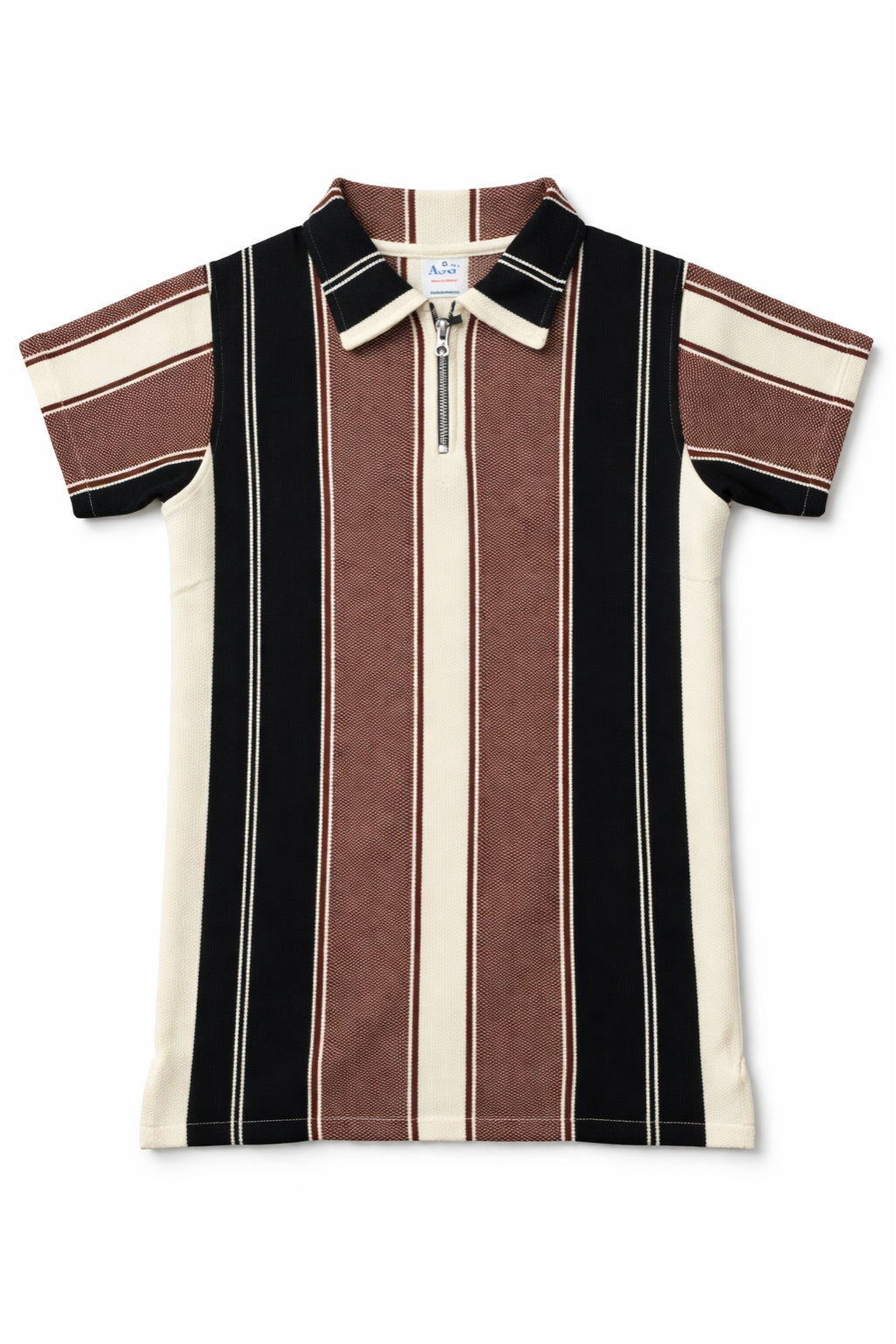 Close-up of stripe knit and zip collar on Eliteez Heritage Zip Polo Black & Brown