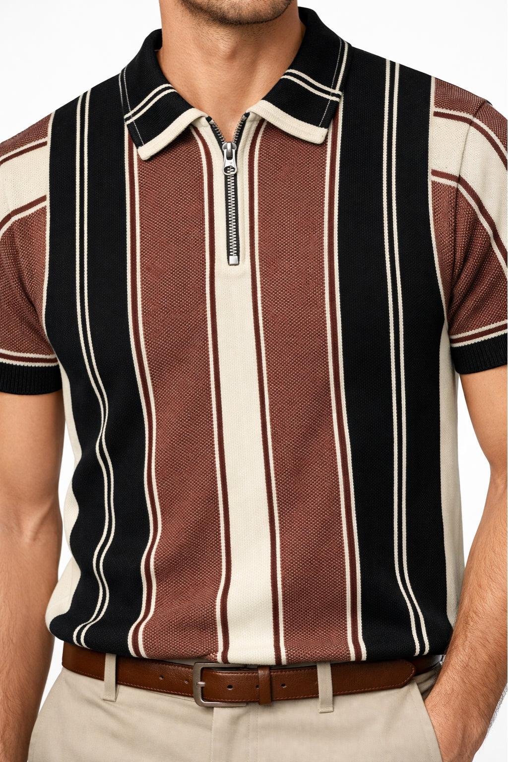 Eliteez Heritage Stripe Zip Polo in Black & Brown, front view on model