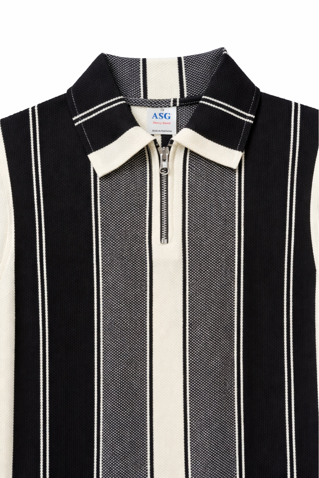 Eliteez Heritage Stripe Zip Polo in Black & Cream, back view on model