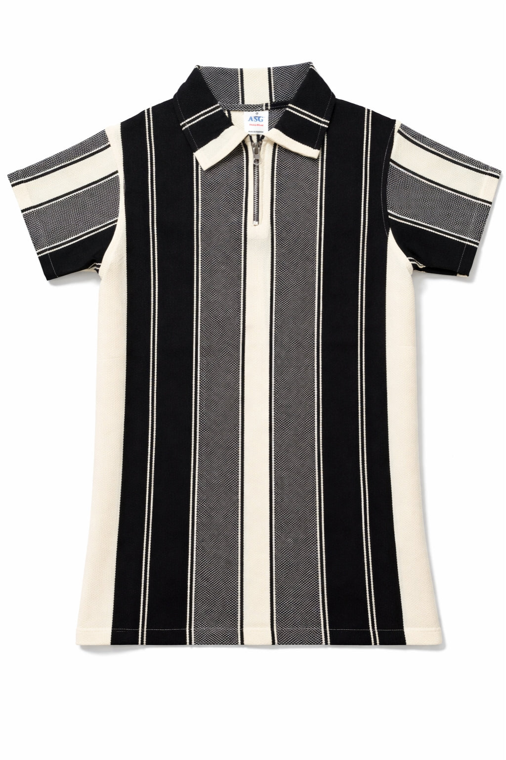 Close-up of stripe knit and zip collar on Eliteez Heritage Zip Polo Black & Cream
