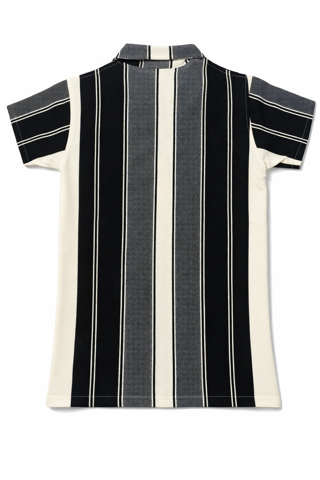 Flat lay of Eliteez Heritage Stripe Zip Polo in Black & Cream