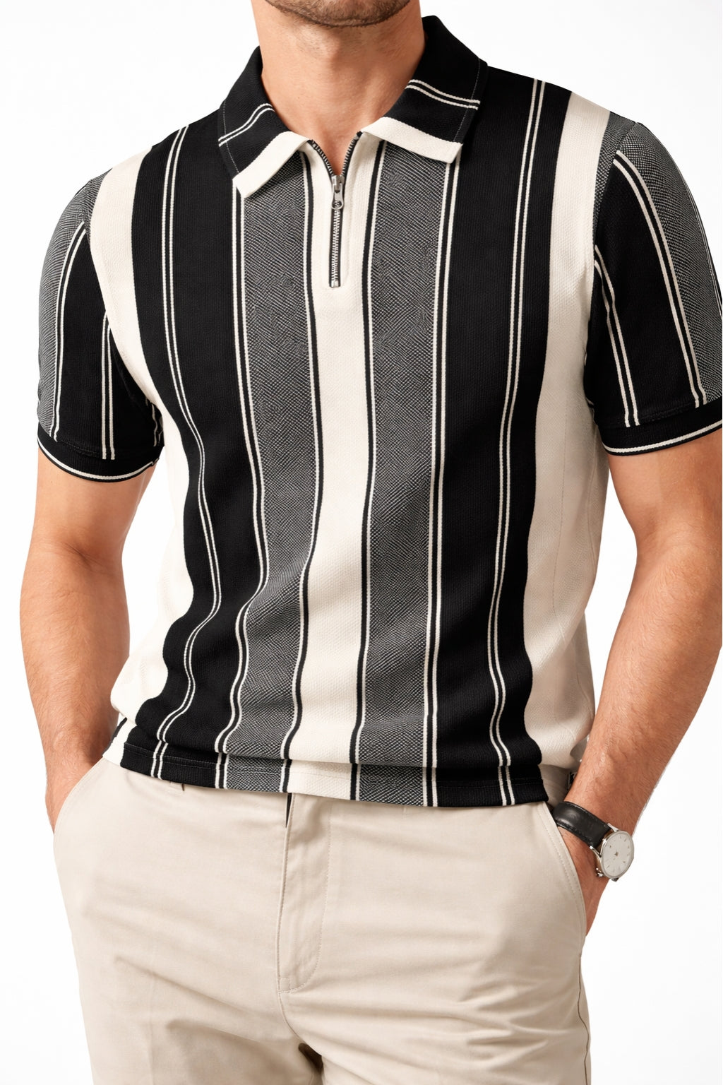 Eliteez Heritage Stripe Zip Polo in Black & Cream, front view on model