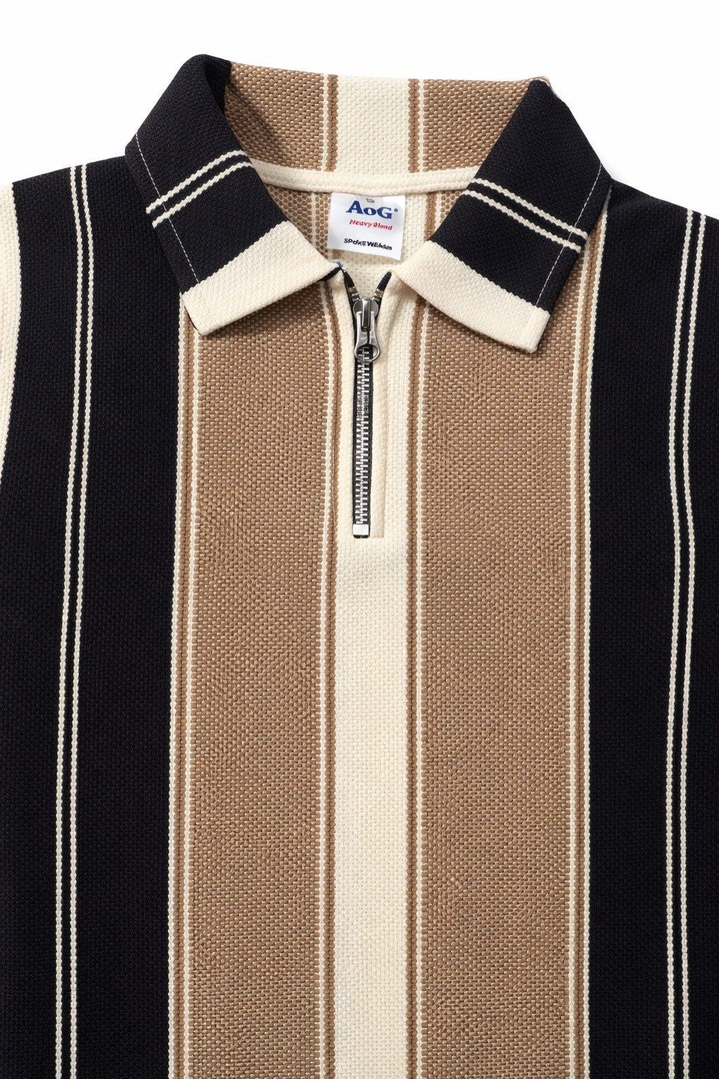 Eliteez Heritage Stripe Zip Polo in Sand & Black, back view on model