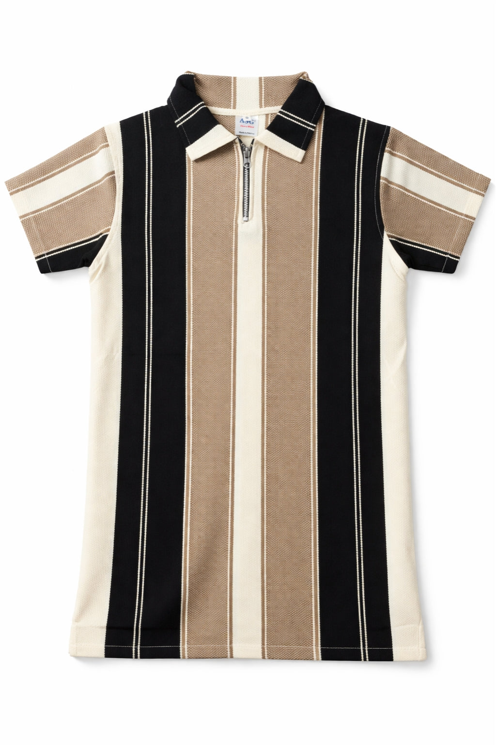 Close-up of stripe knit and zip collar on Eliteez Heritage Zip Polo Sand & Black