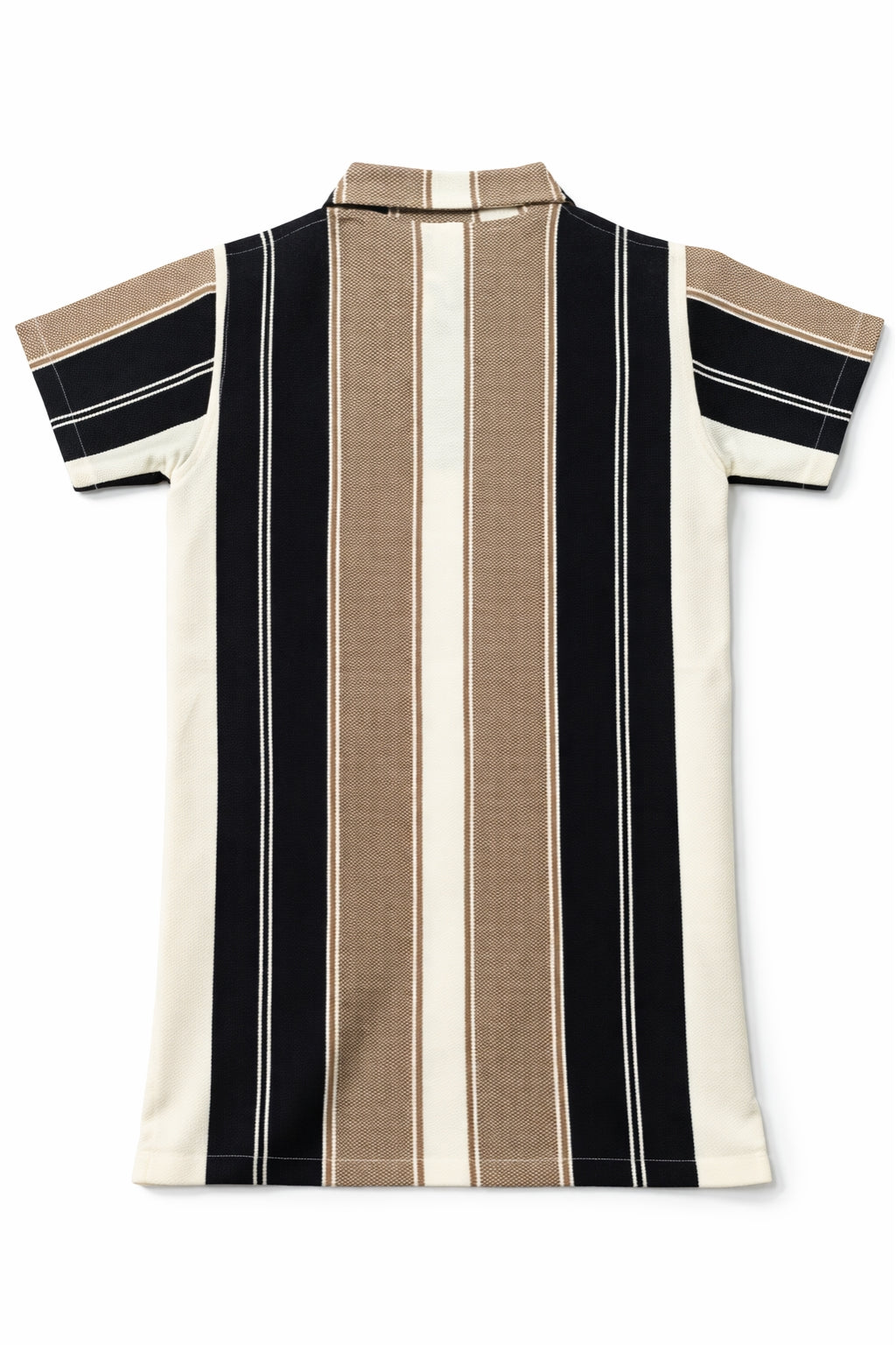 Flat lay of Eliteez Heritage Stripe Zip Polo in Sand & Black