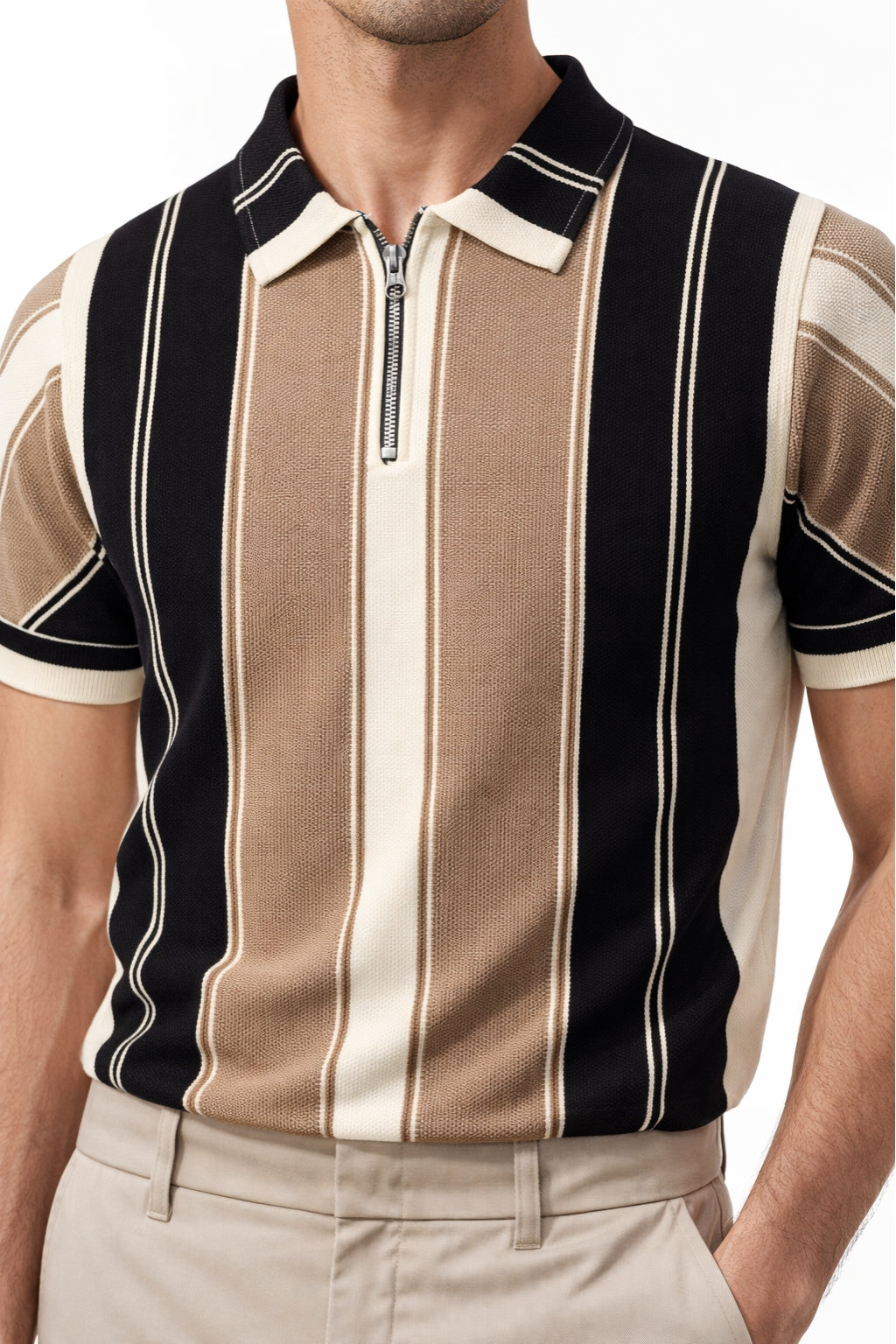 Eliteez Heritage Stripe Zip Polo in Sand & Black, front view on model