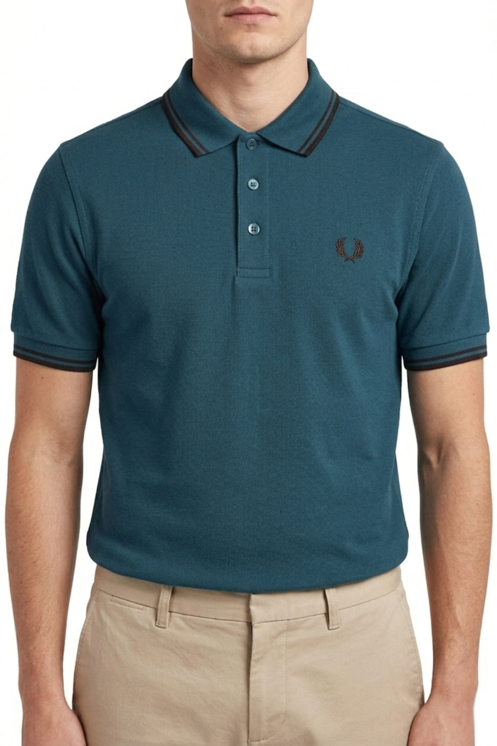Male model wearing the Eliteez Heritage Twin-Tip Polo - Dark Teal for a smart-casual look.