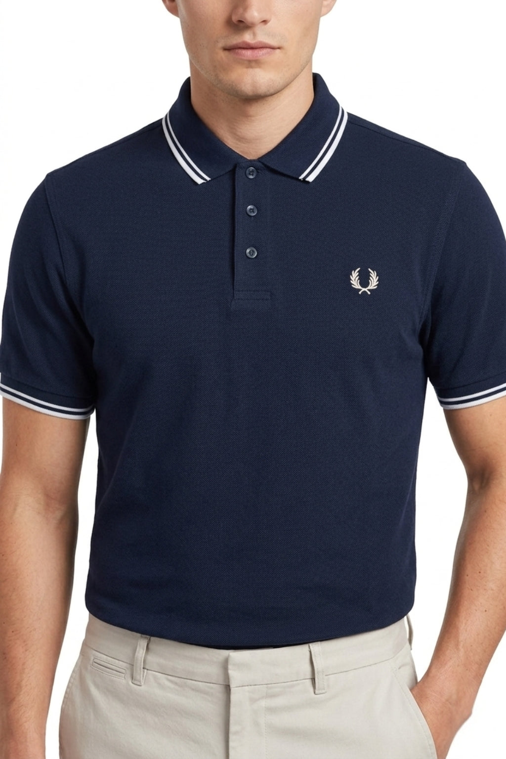 Male model wearing the Eliteez Heritage Twin-Tip Polo - Navy Blue for a smart-casual look.